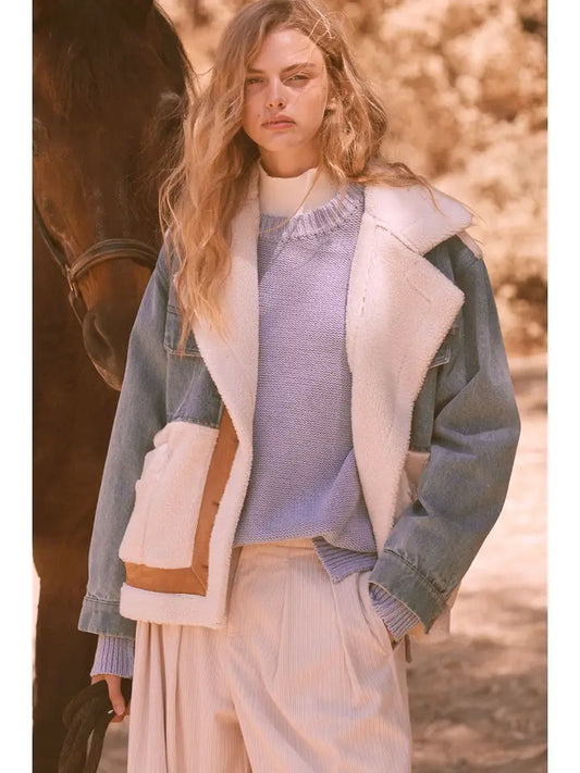FINAL SALE-Color Block Denim Suede Fuzzy Jacket