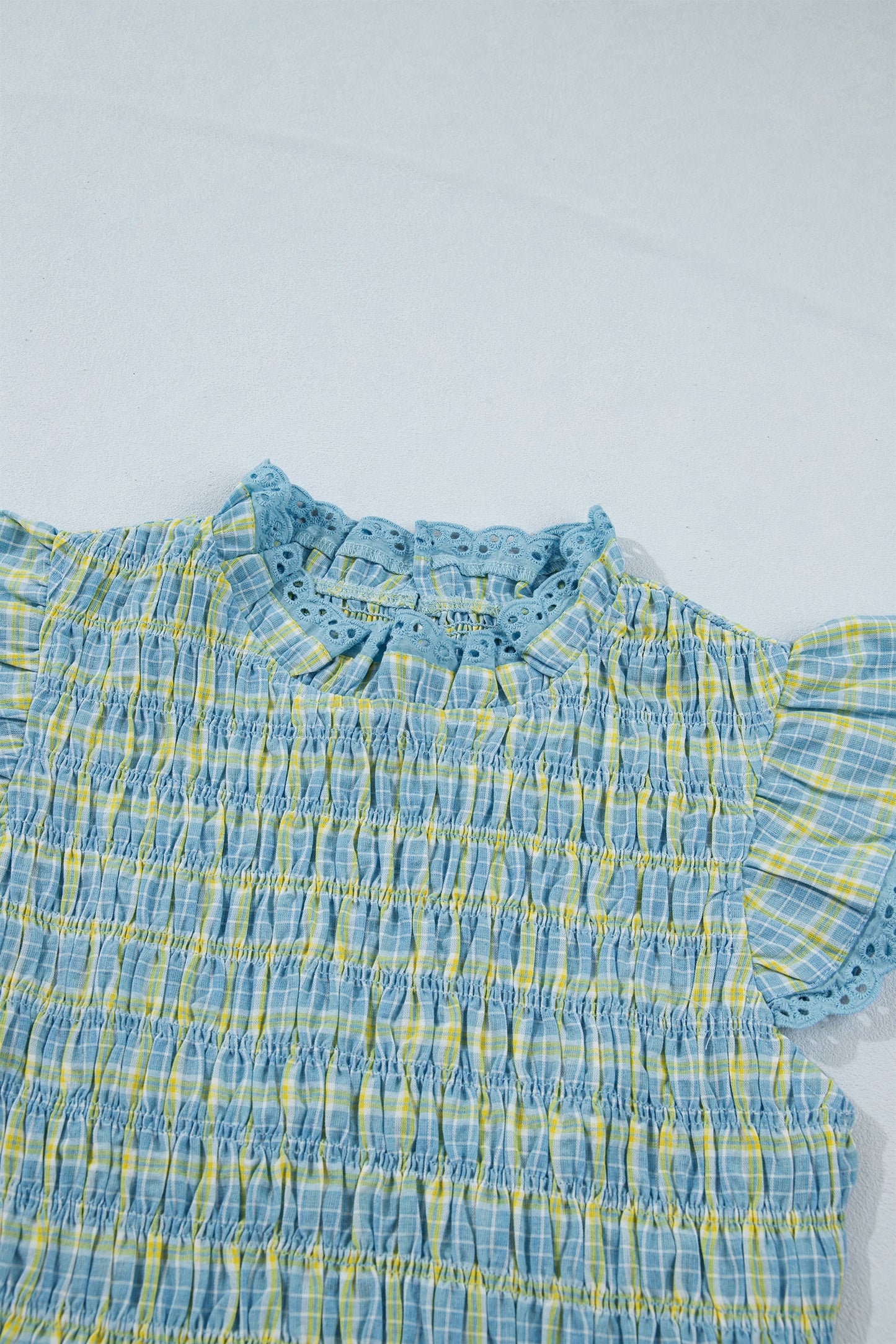 Plaid Smocked Lace Trim Tank Top