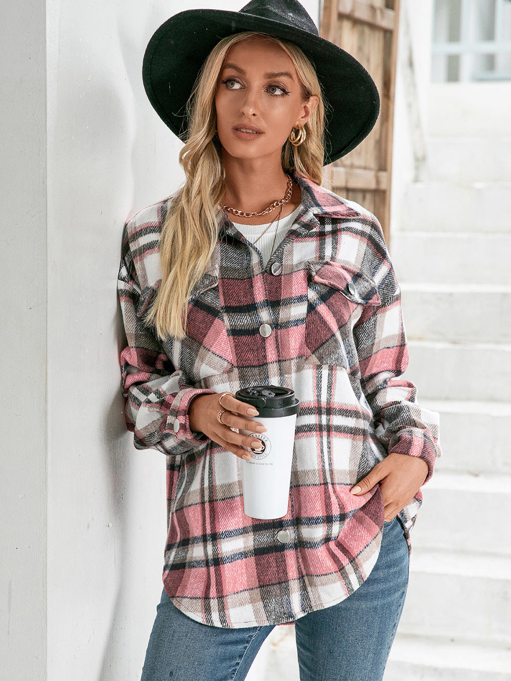 Women Ivy Lane Meet You Outside Plaid Button Down Curved Hem Shacket