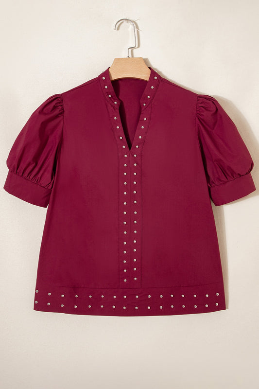 Rivet Embellished V-Neck Short Puff Sleeve Blouse