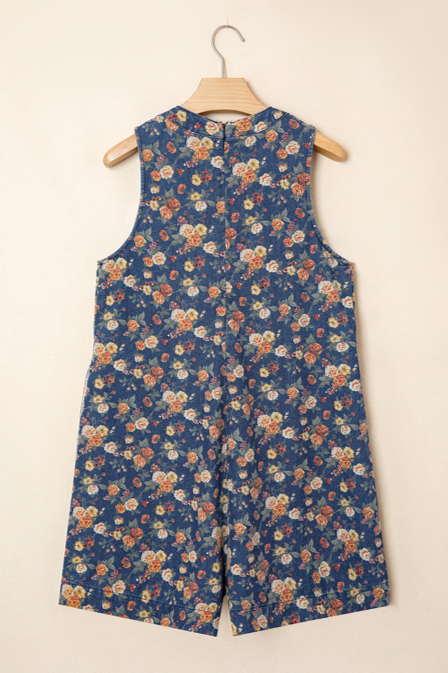 Floral Denim Bow Tie V-Neck Romper