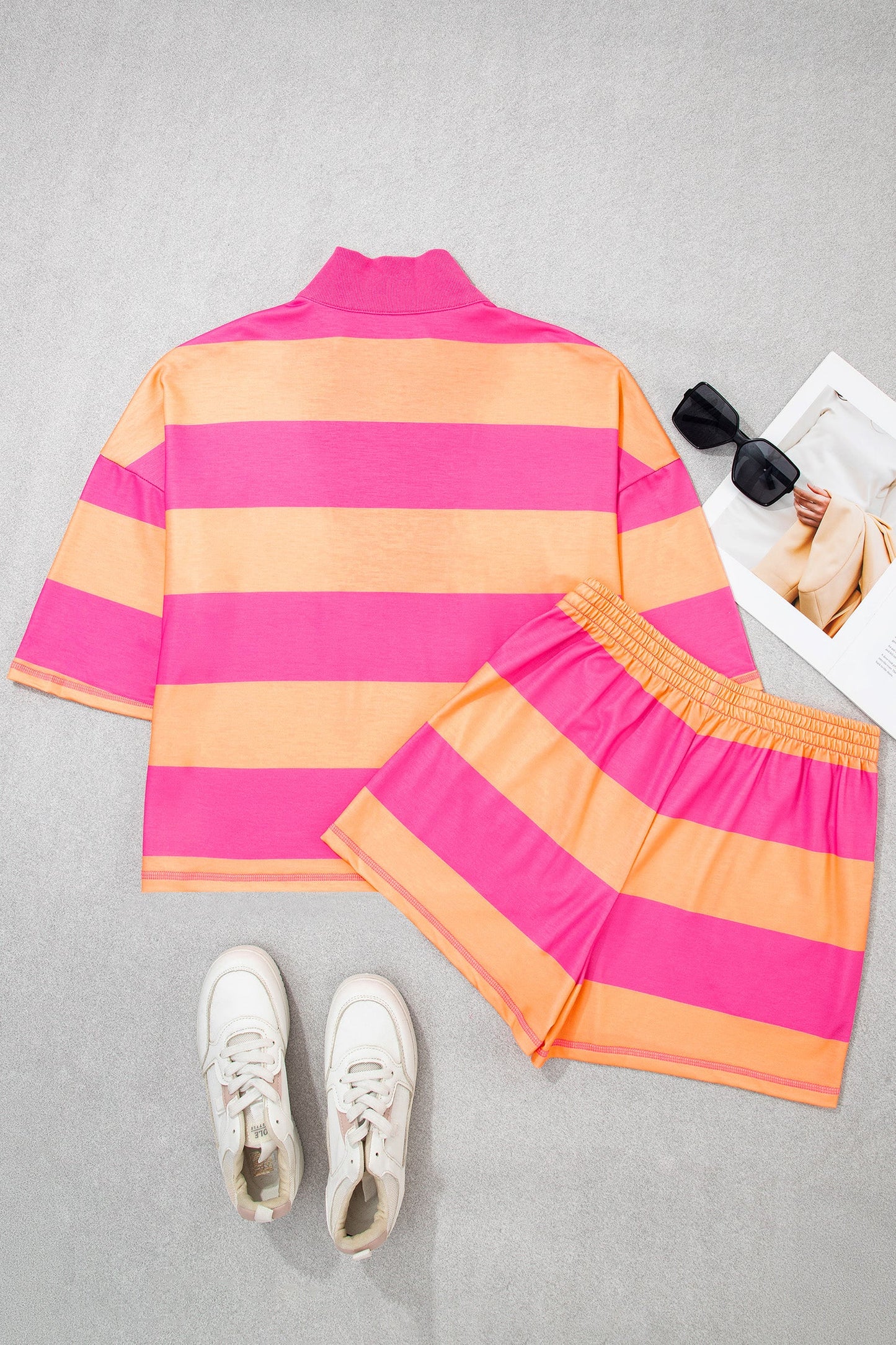 Stripe Half Zip Tee & Elastic Shorts Set