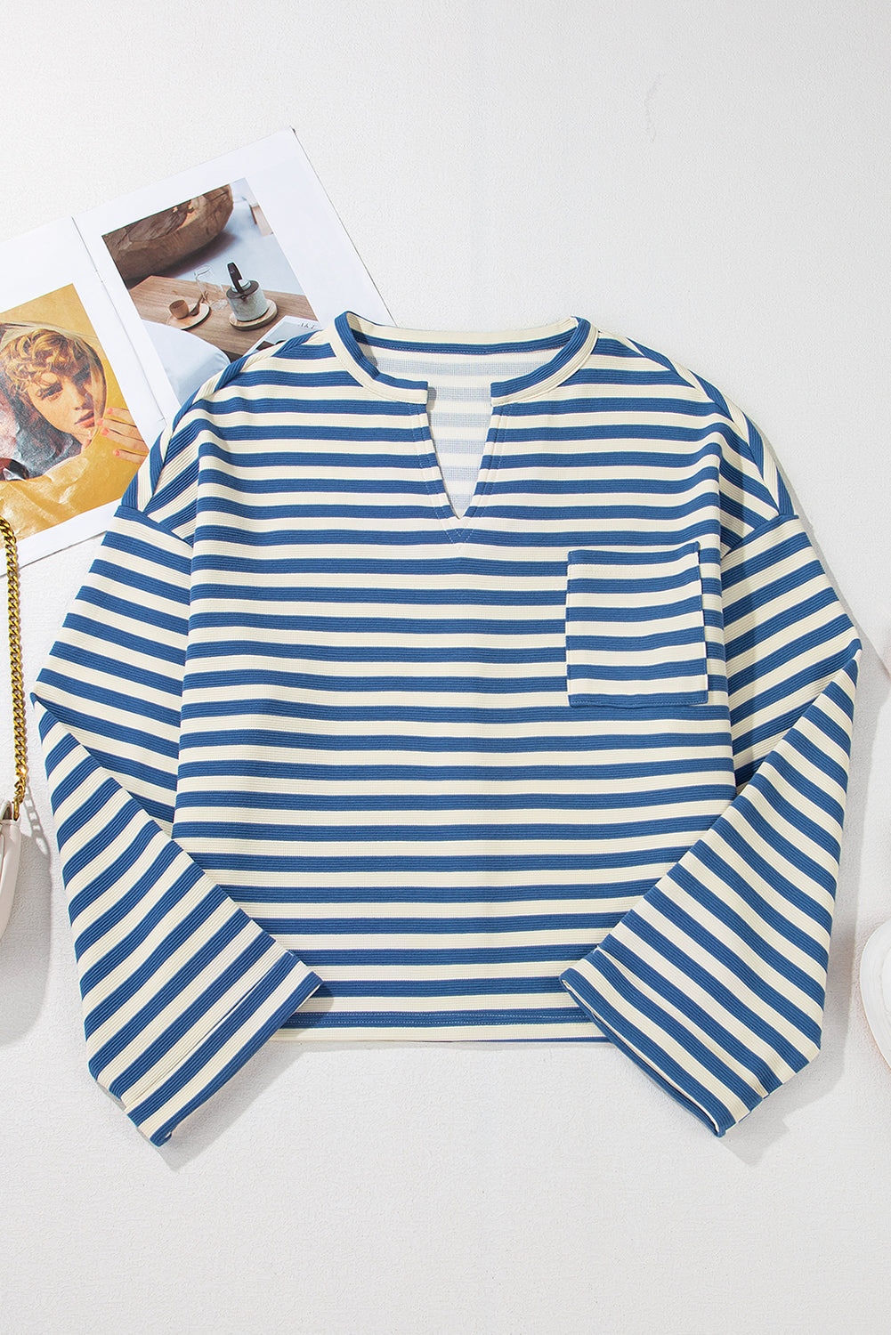 Stripe Buttoned Back Notched V-Neck Long Sleeve Top