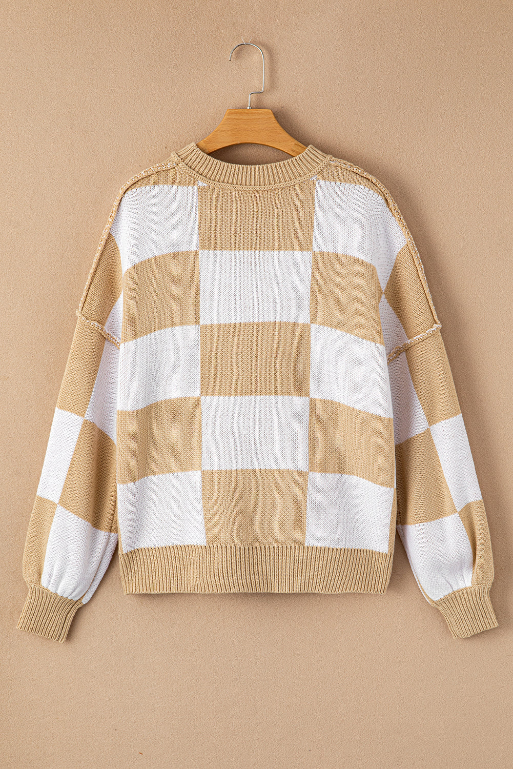 Checker Exposed Seam Drop Shoulder Long Sleeve Sweater