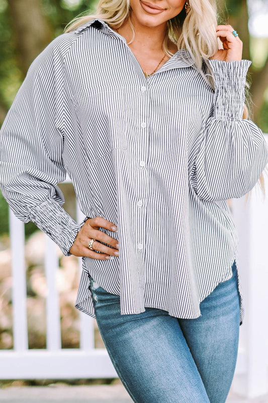 Stripe Smocked Cuff Buttoned Shirt