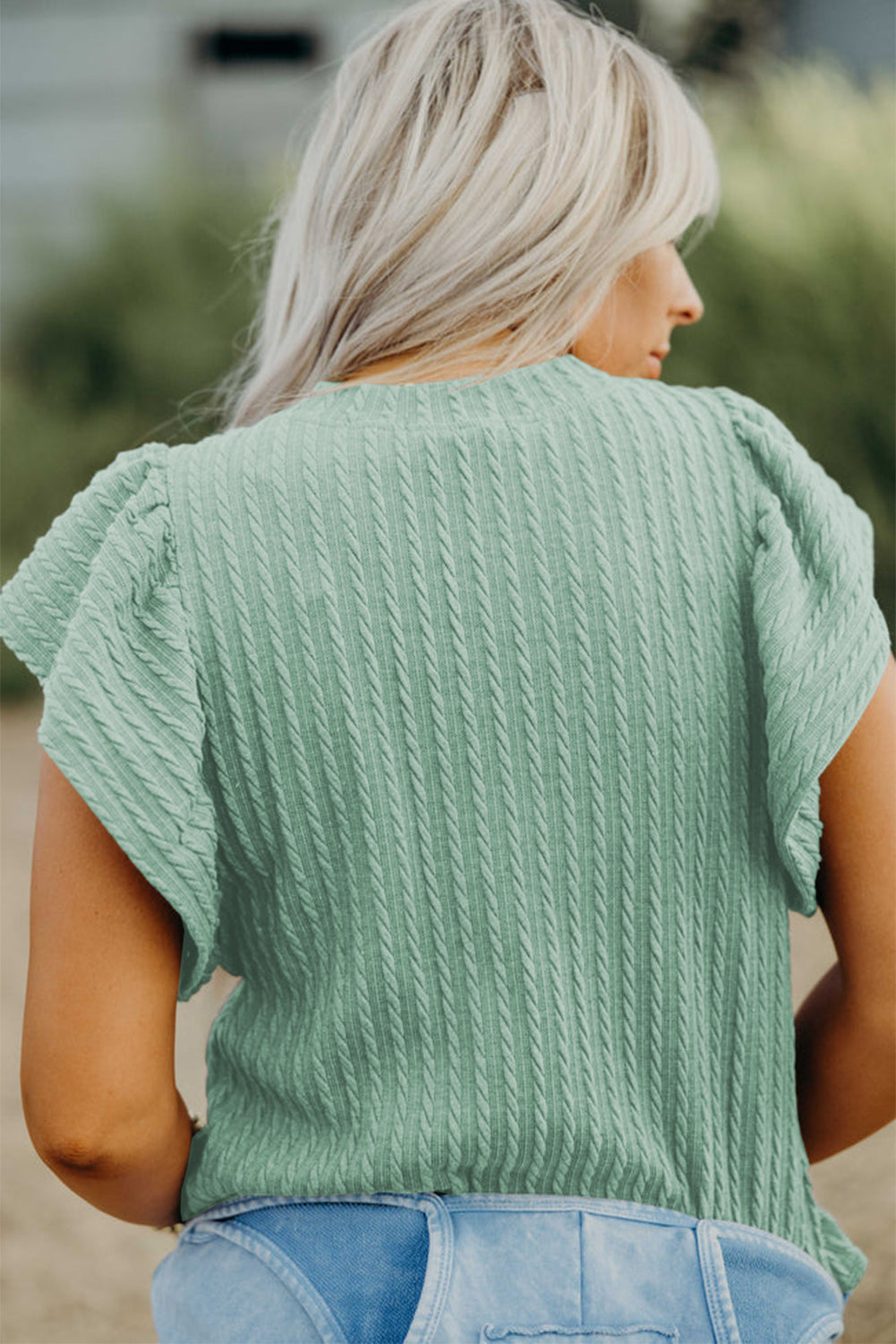 Solid Cable Textured Flutter Sleeve Top