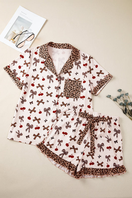 Leopard Cherry Bow Patchwork Shirt & Shorts Pajama Set
