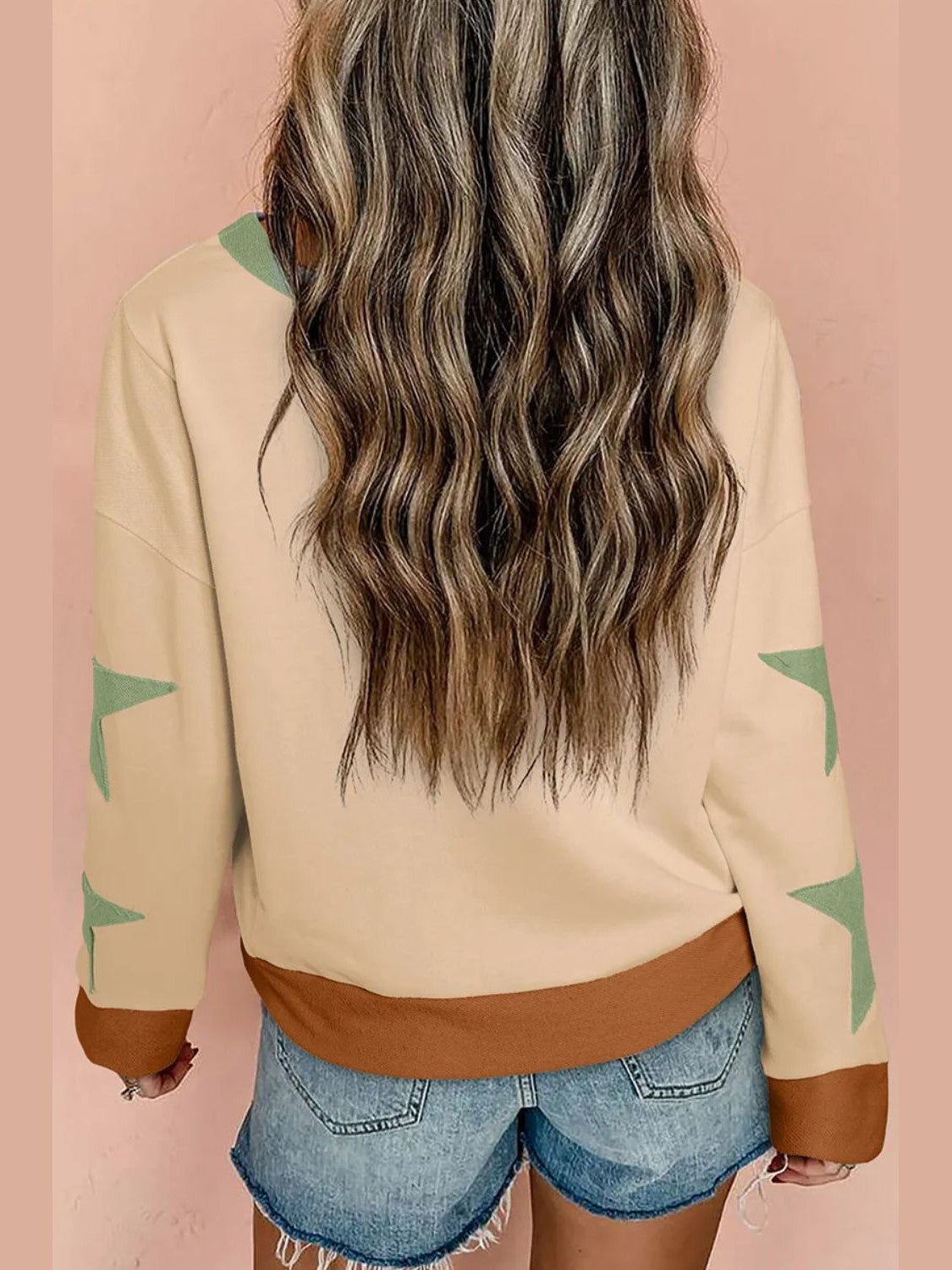 Women Star Contrast Round Neck Long Sleeve Sweatshirt