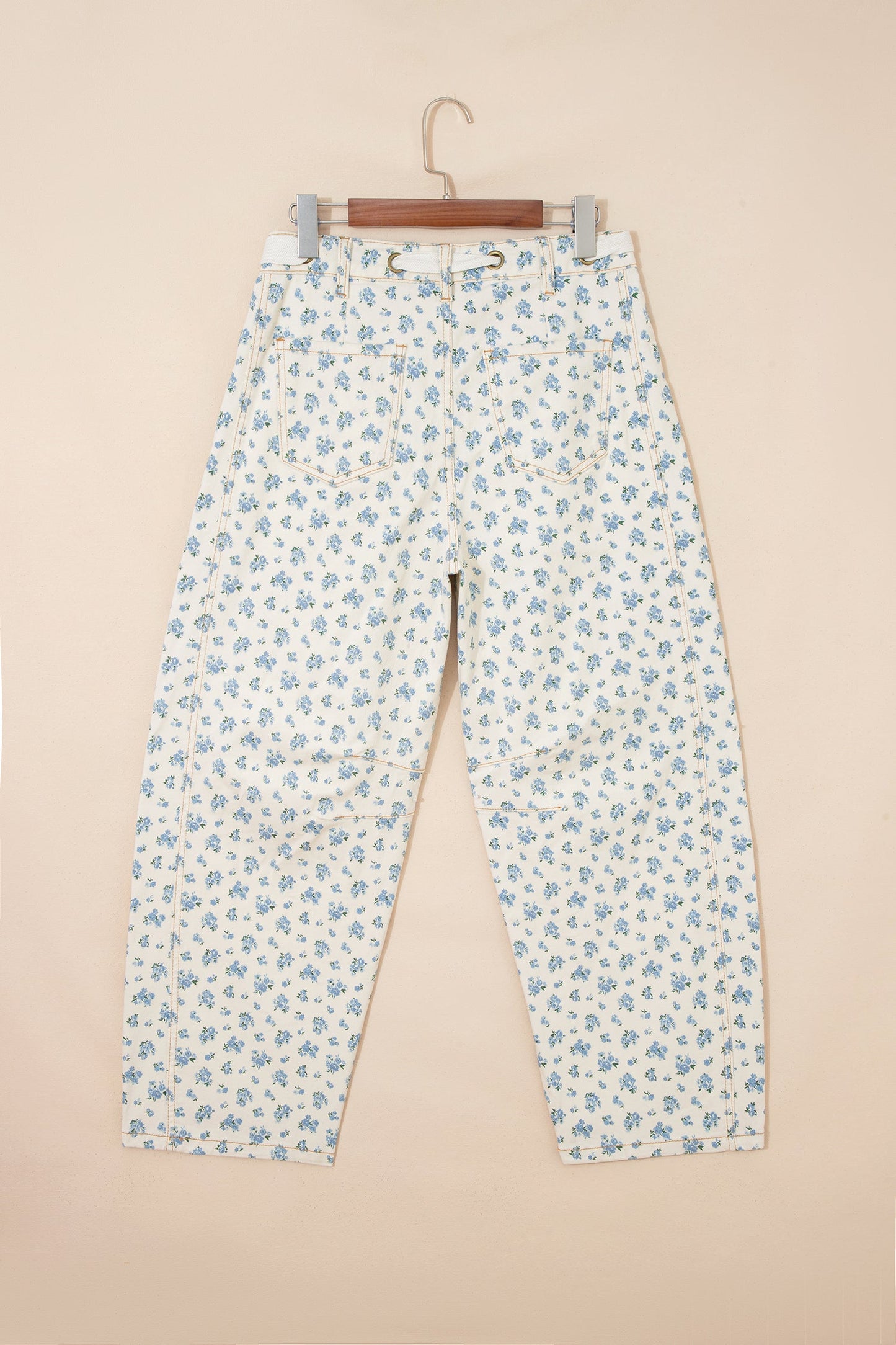 Floral Grommet Knot Waist Barrel Leg Jeans