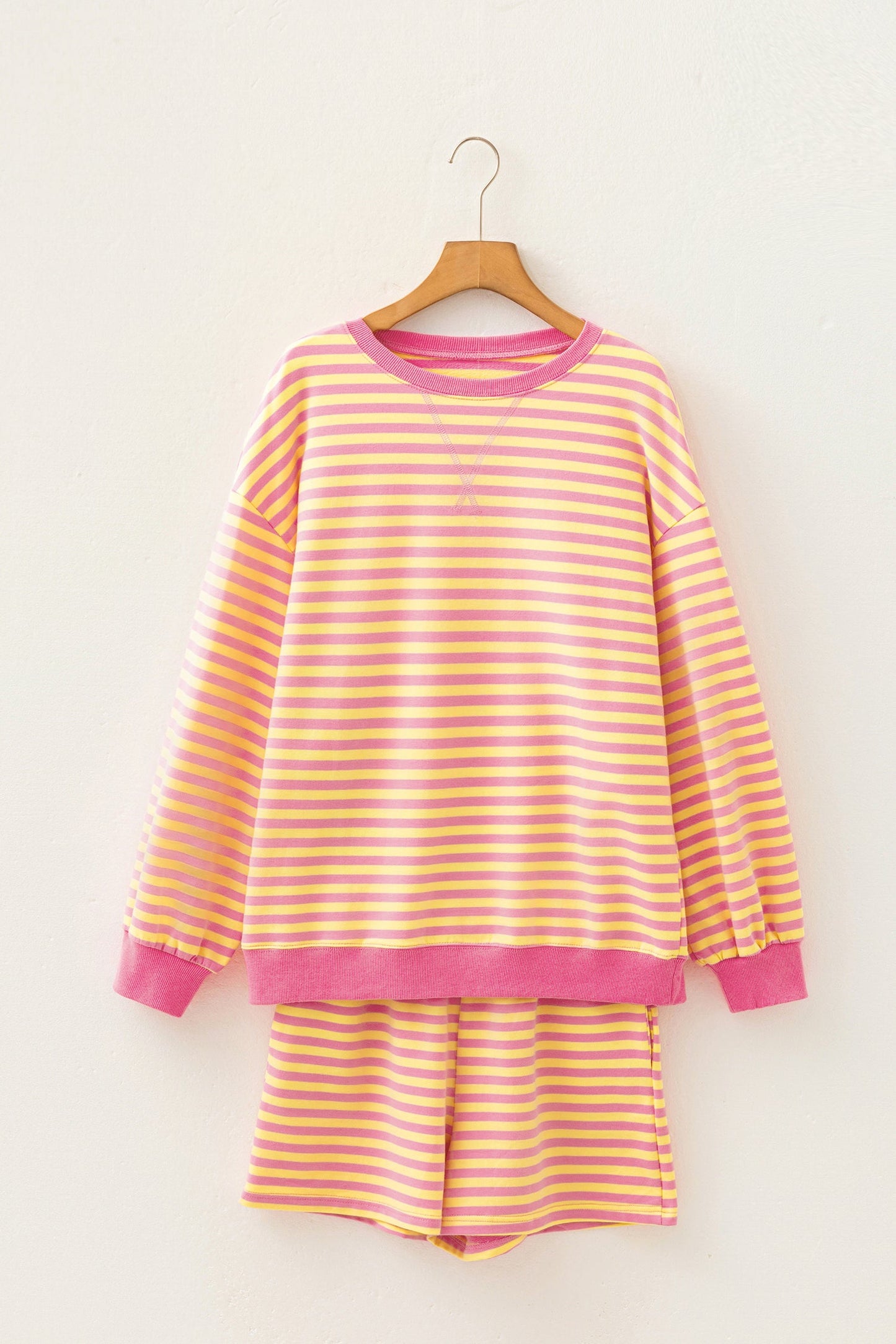 Stripe Colorblock Trim Long Sleeve Top & Shorts Set