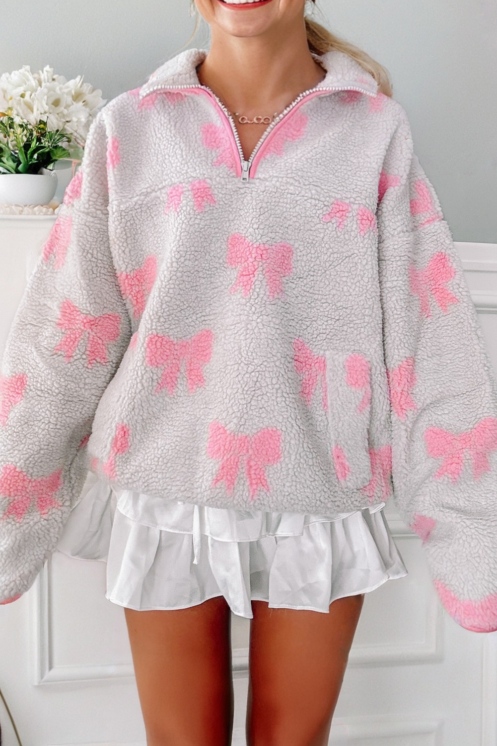 Bow Sherpa Quarter Zip Drop Shoulder Sweatshirt
