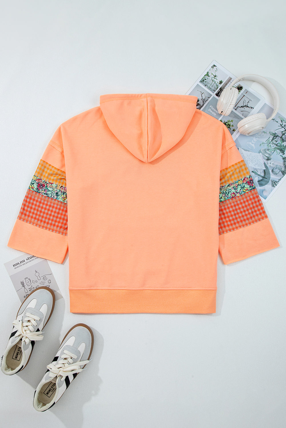 Plaid Floral Patchwork Kangaroo Pocket Hooded Top