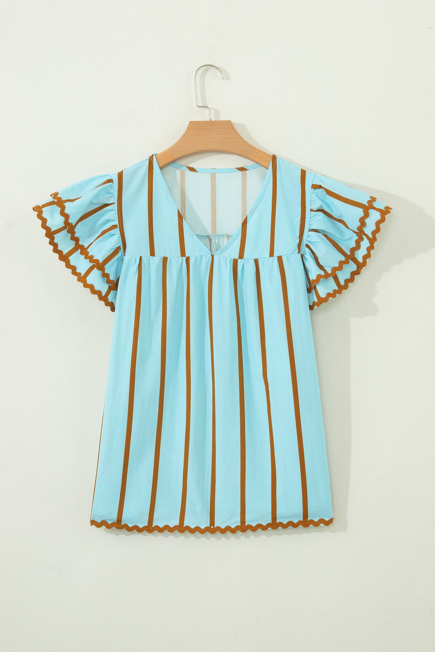Stripe Ricrac Trim Double Ruffle Short Sleeve Blouse