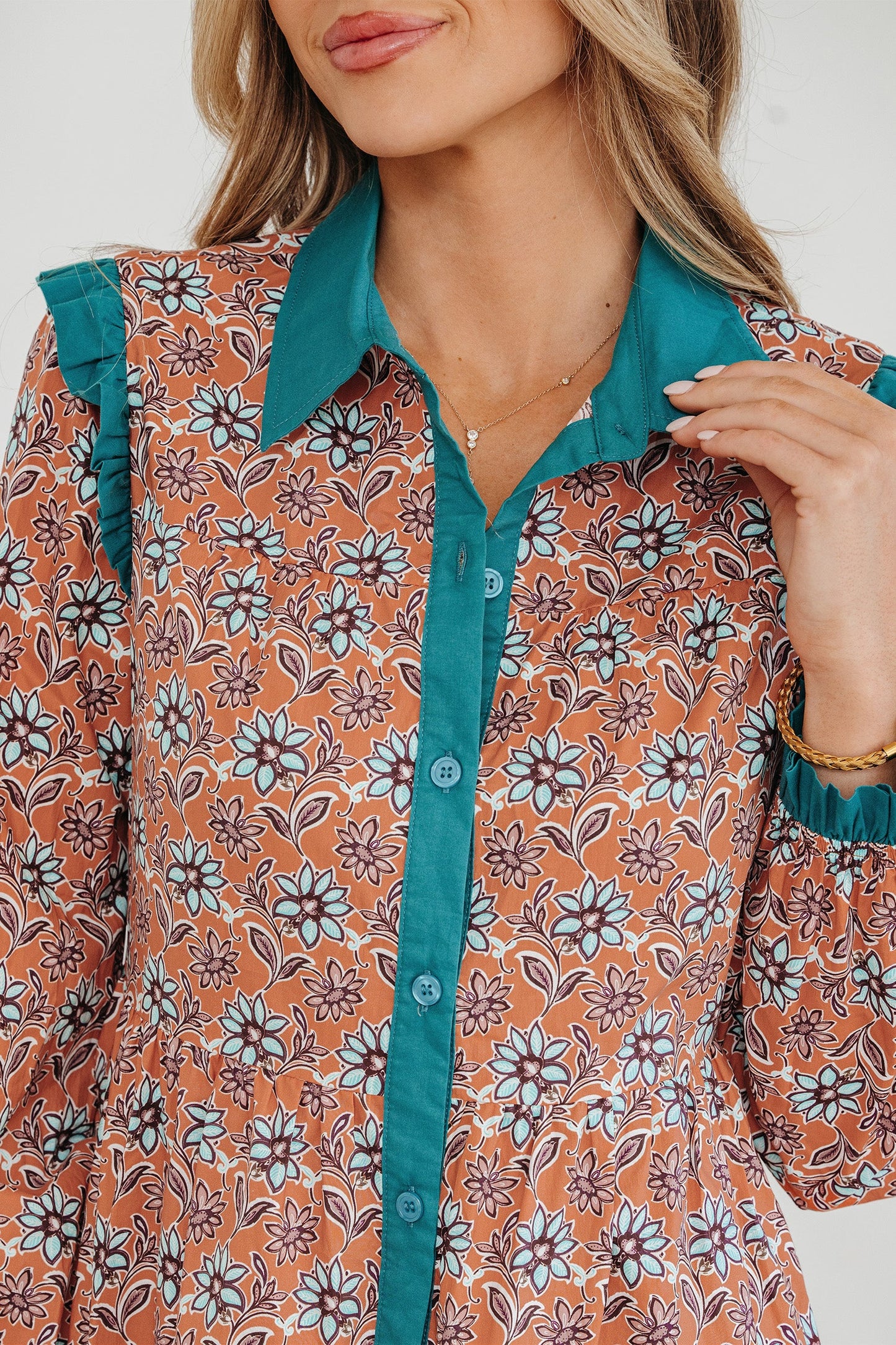 Floral Boho Contrast Collar Mini Shirt Dress