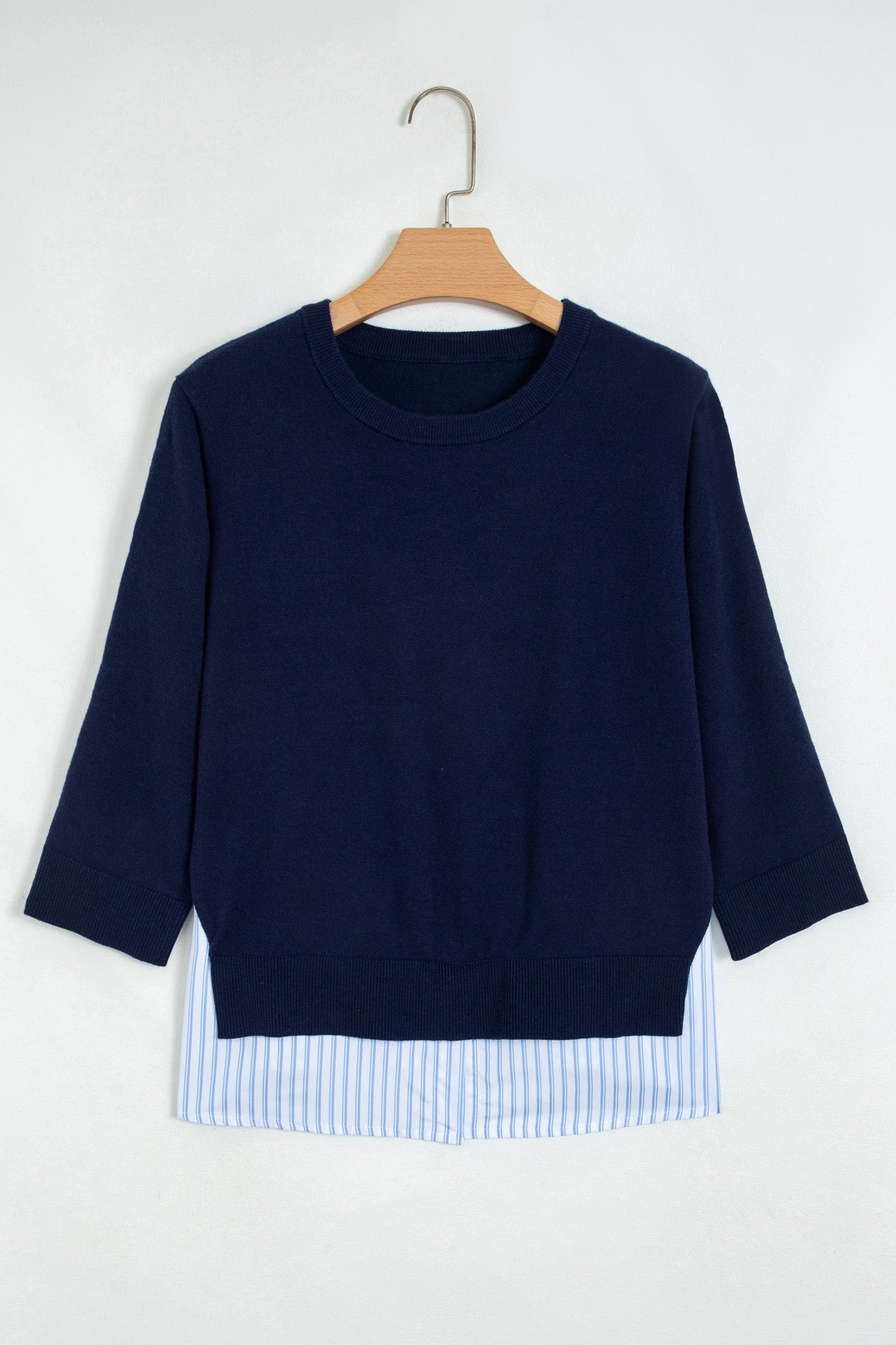 Stripe Patchwork Drop Shoulder 3/4 Sleeve Sweater