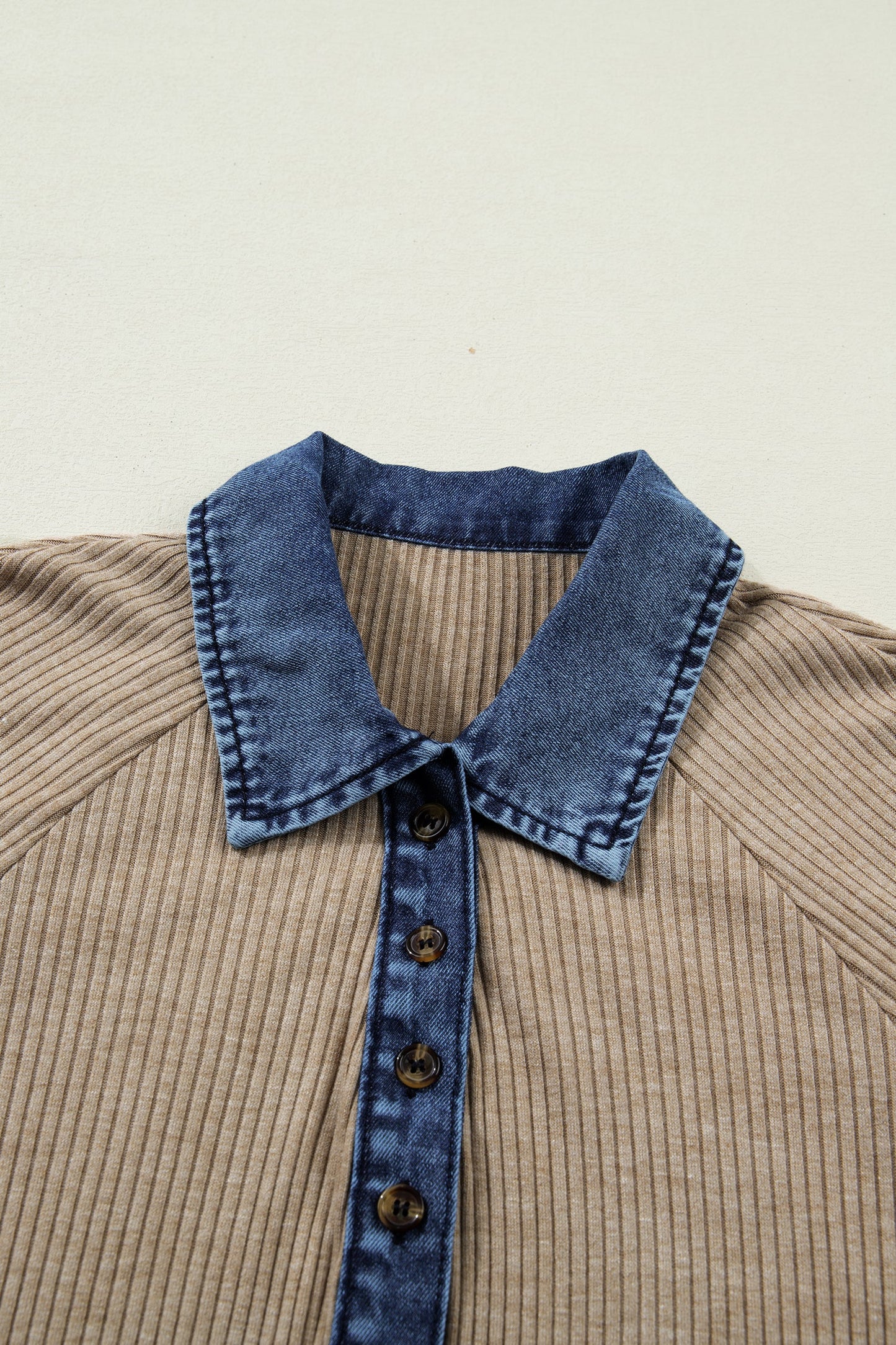 Denim Patchwork Ribbed Knit Polo Collar Top