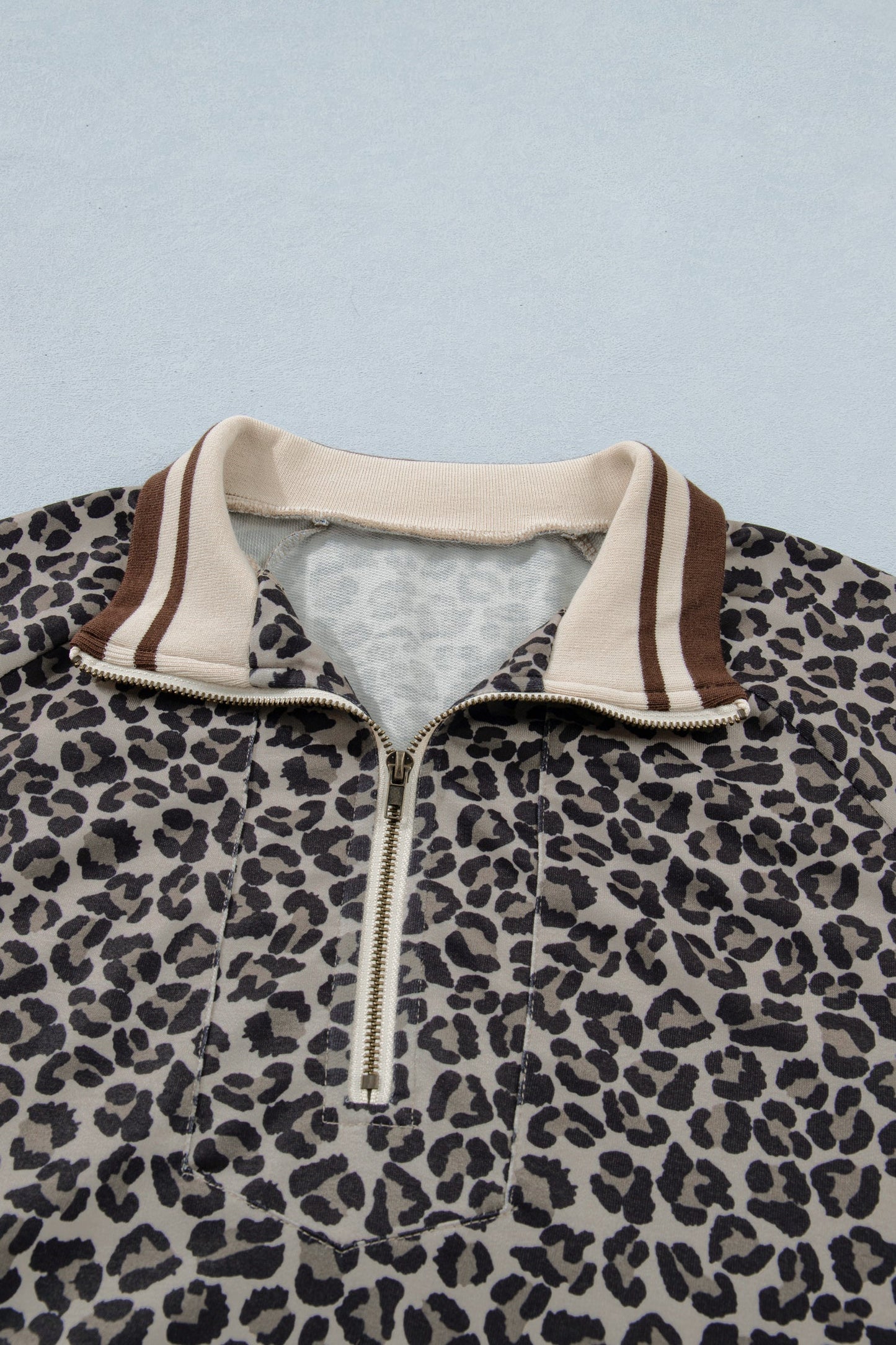 Leopard Half Zip Stripe Trim Short Sleeve Top