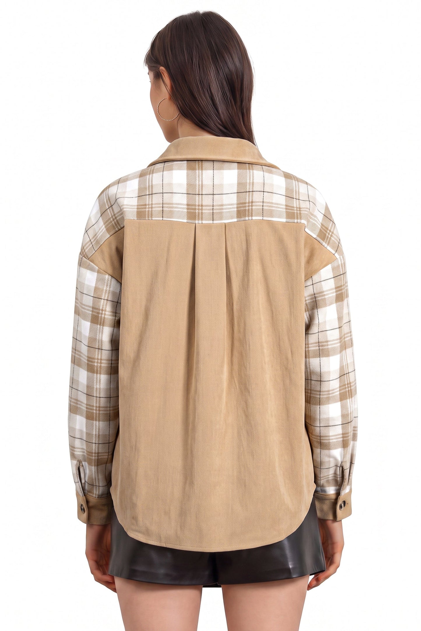 Plaid Colorblock Patch Pocket Buttoned Shacket