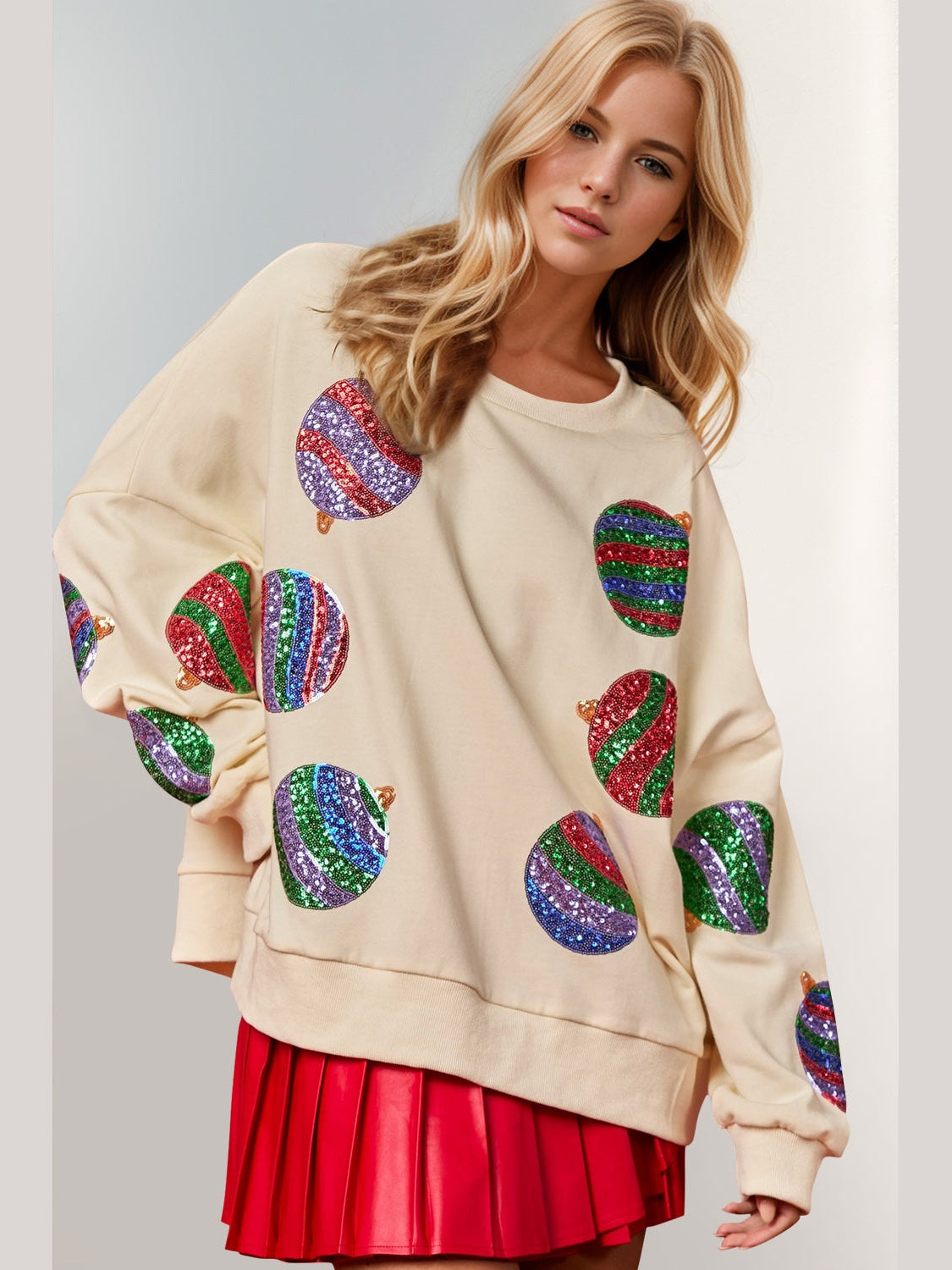 Double Take Christmas Element Sequin Round Neck Long Sleeve Sweatshirt