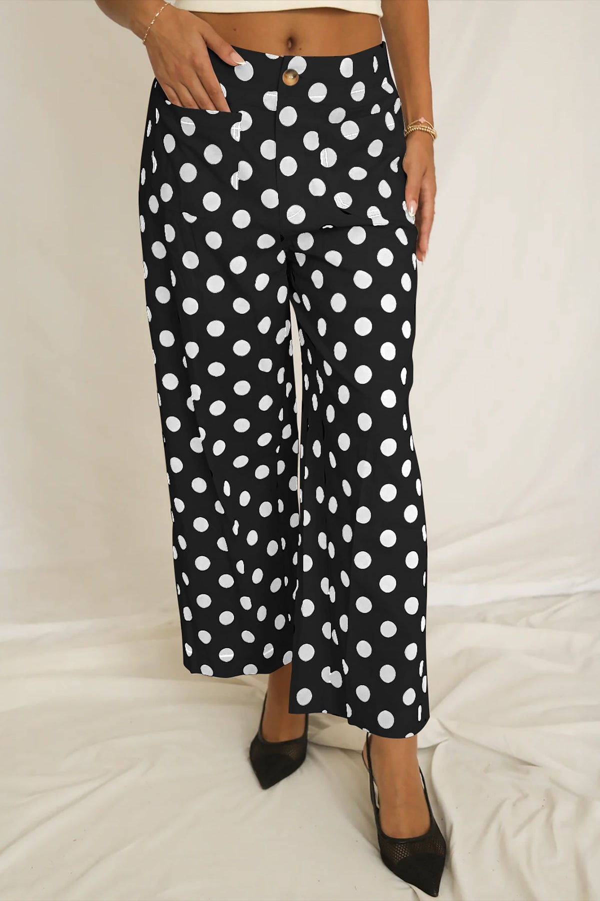 Polka Dot Patch Pocket Straight Leg Pants