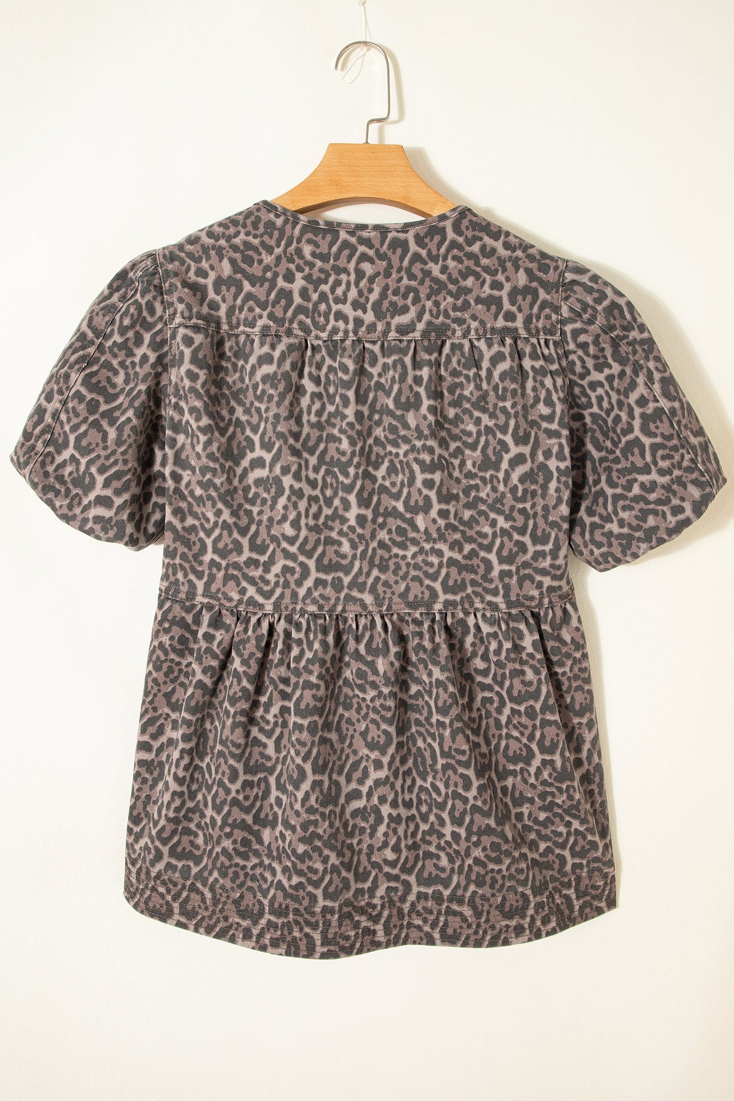 Leopard Denim Tie Neck Puff Sleeve Babydoll Top