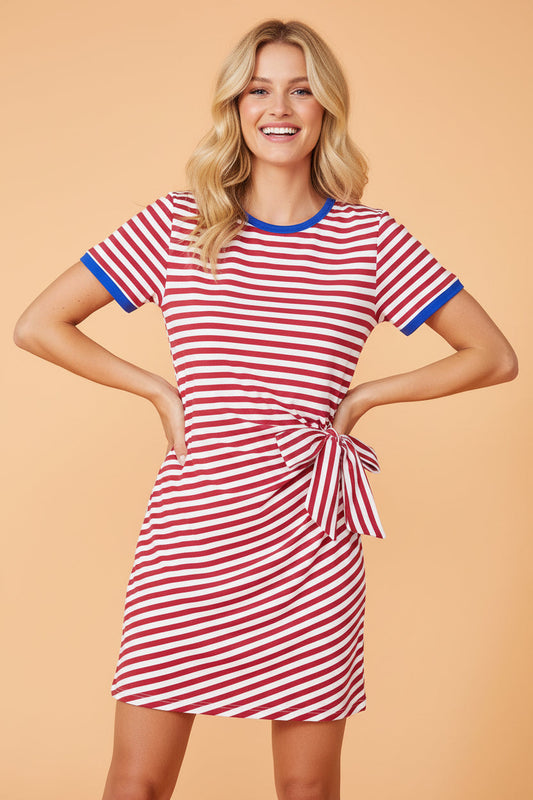 Stripe Contrast Trim Tie Waist Mini Dress