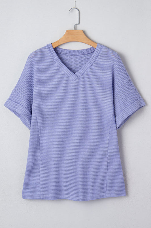 Solid Waffle Knit V-Neck Short Sleeve Top