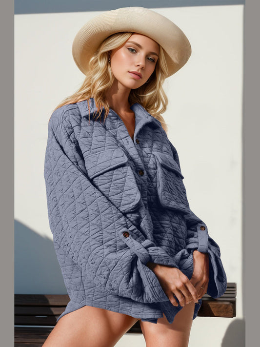 WomeNicholesGifts Women Double Take Button Up Quilted Shacket with Chest Pockets