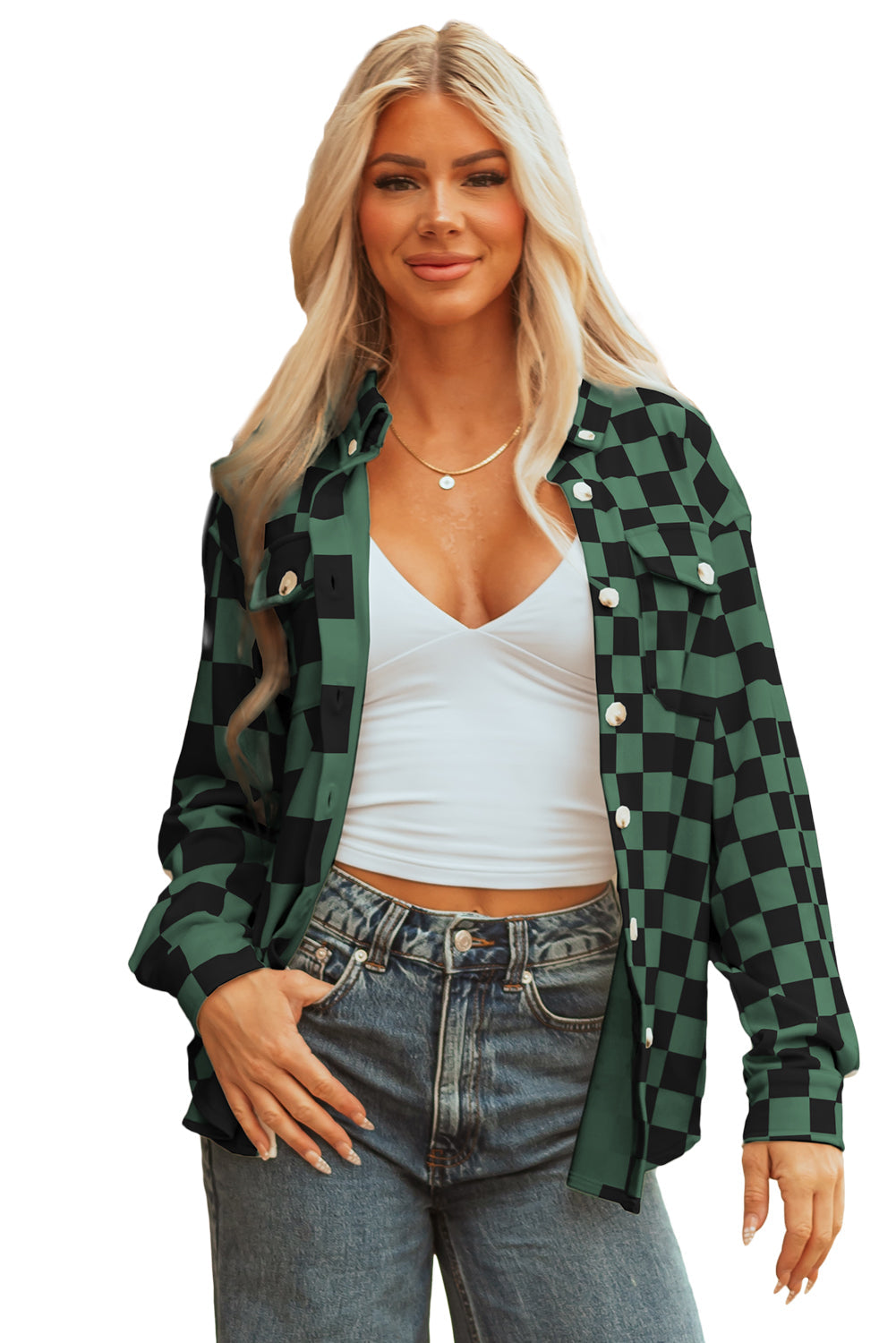 Checker Flap Pocket Button Front Shacket