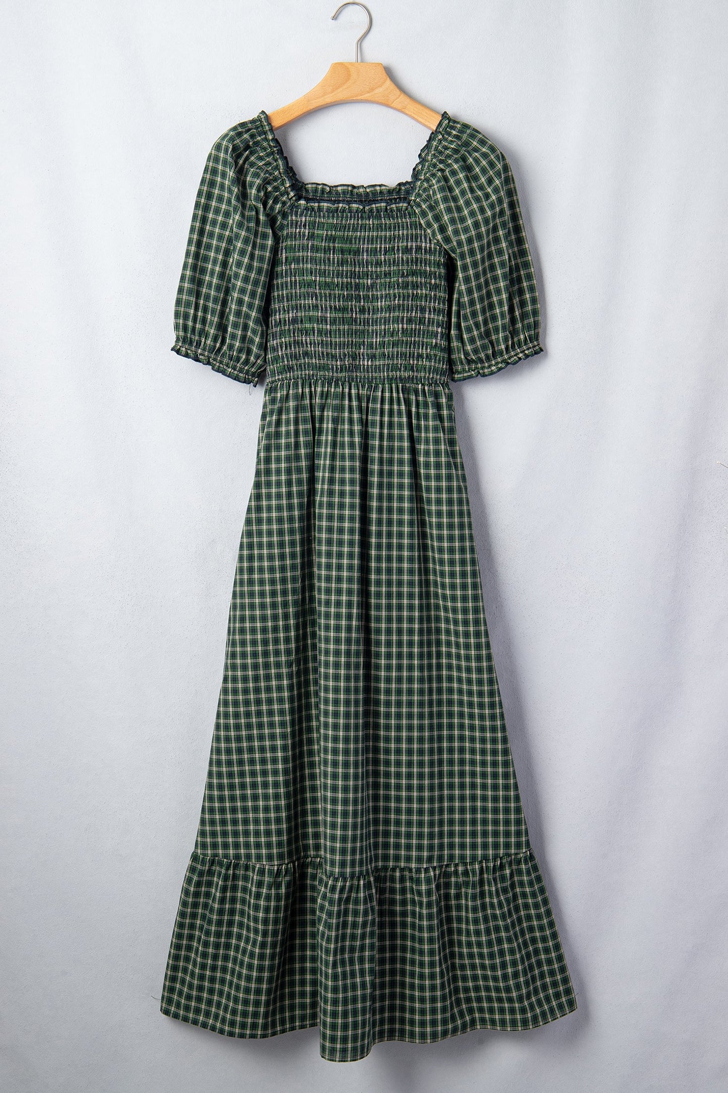 Plaid Shirred High Waist Square Neck Ruffle Hem Dress