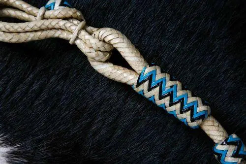 Braided Natural Rawhide Romal Reins with Leather Popper and Blue Rawhide Beads