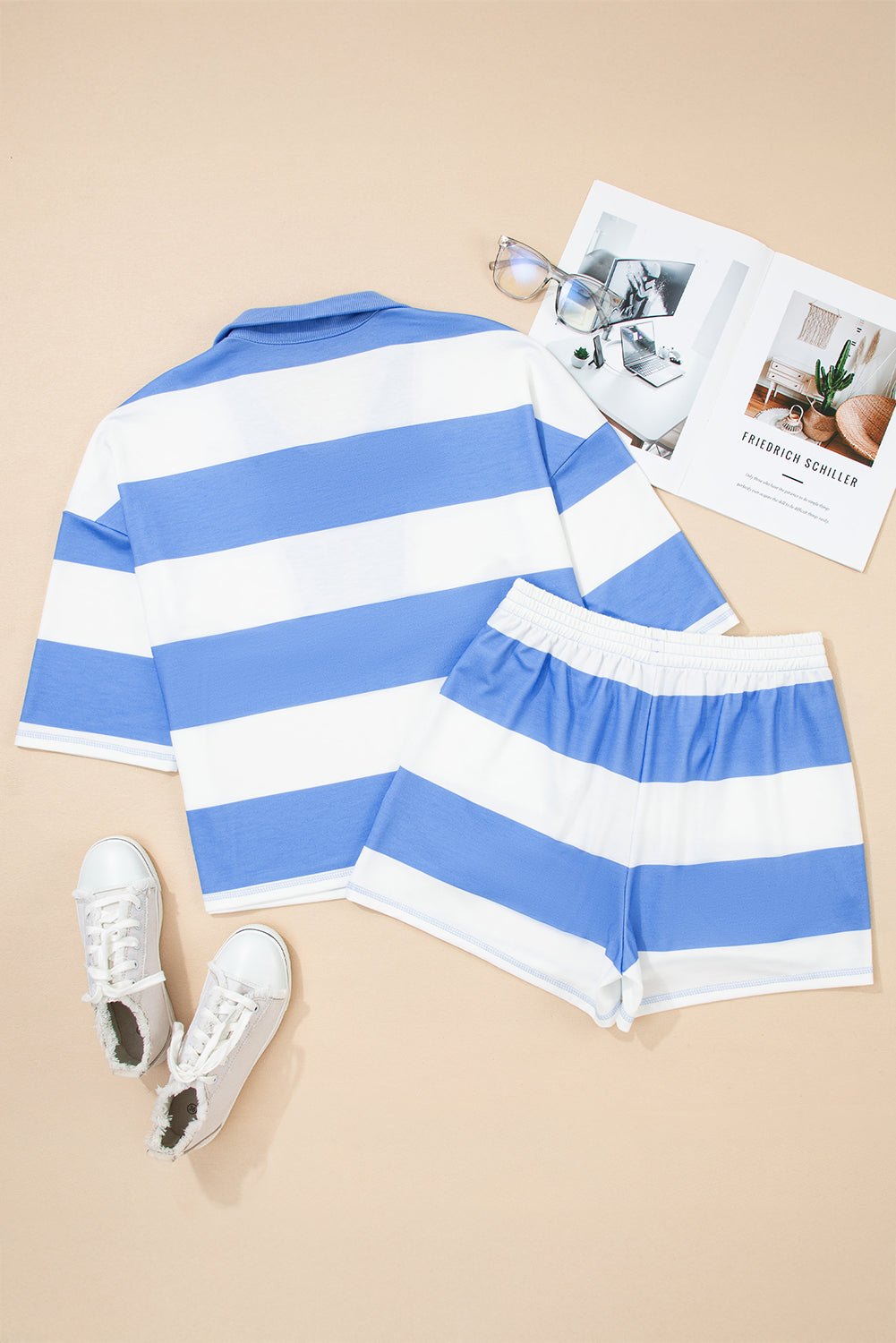 Stripe Half Zip Tee & Elastic Shorts Set