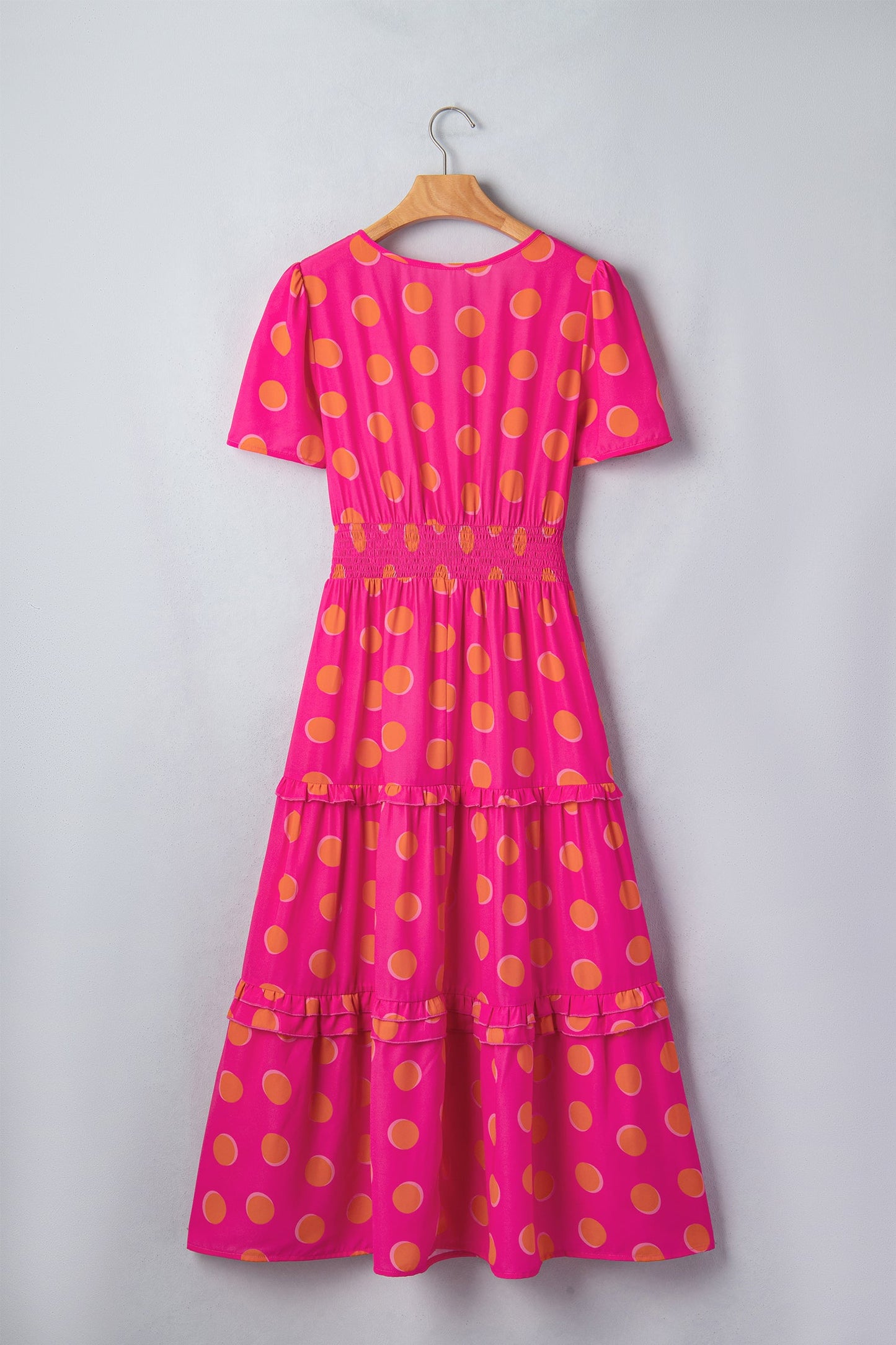 Polka Dot Short Sleeve Shirred Waist Midi Dress