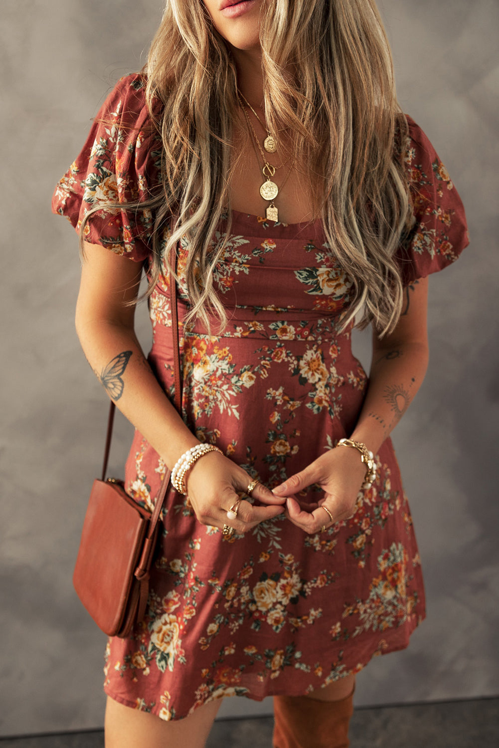 Floral Puff Sleeve Open Back Mini Dress