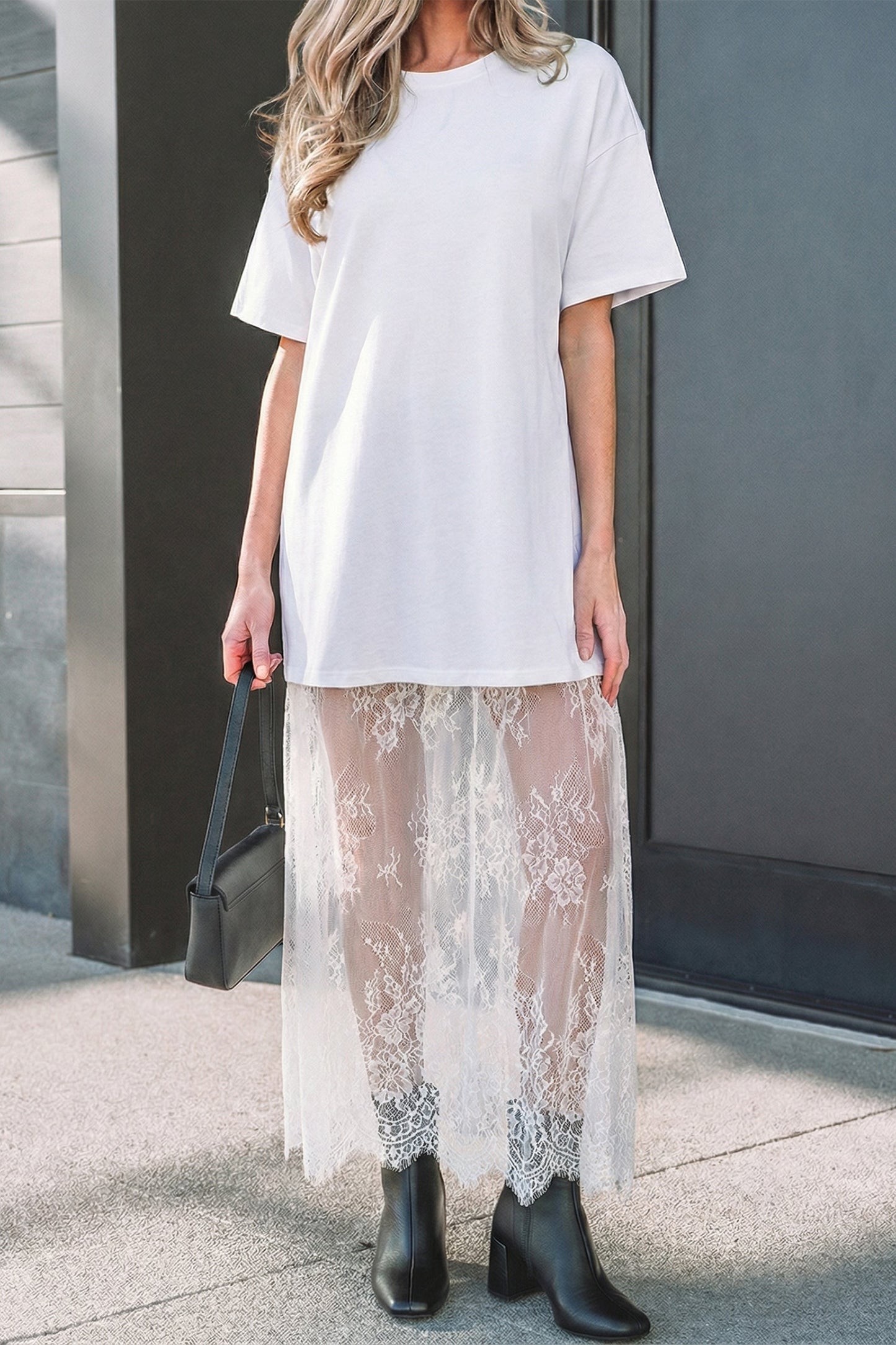 Solid Lace Patchwork Short Sleeve Maxi Dress