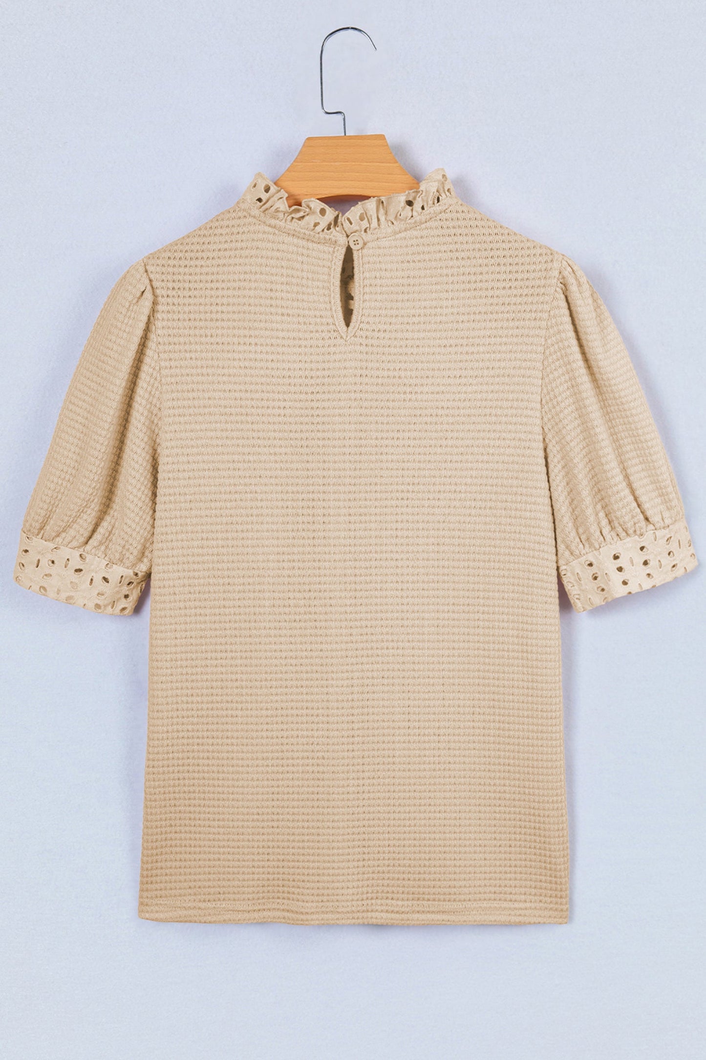 Eyelet Embroidered Patchwork Textured Ruffle Neck Blouse