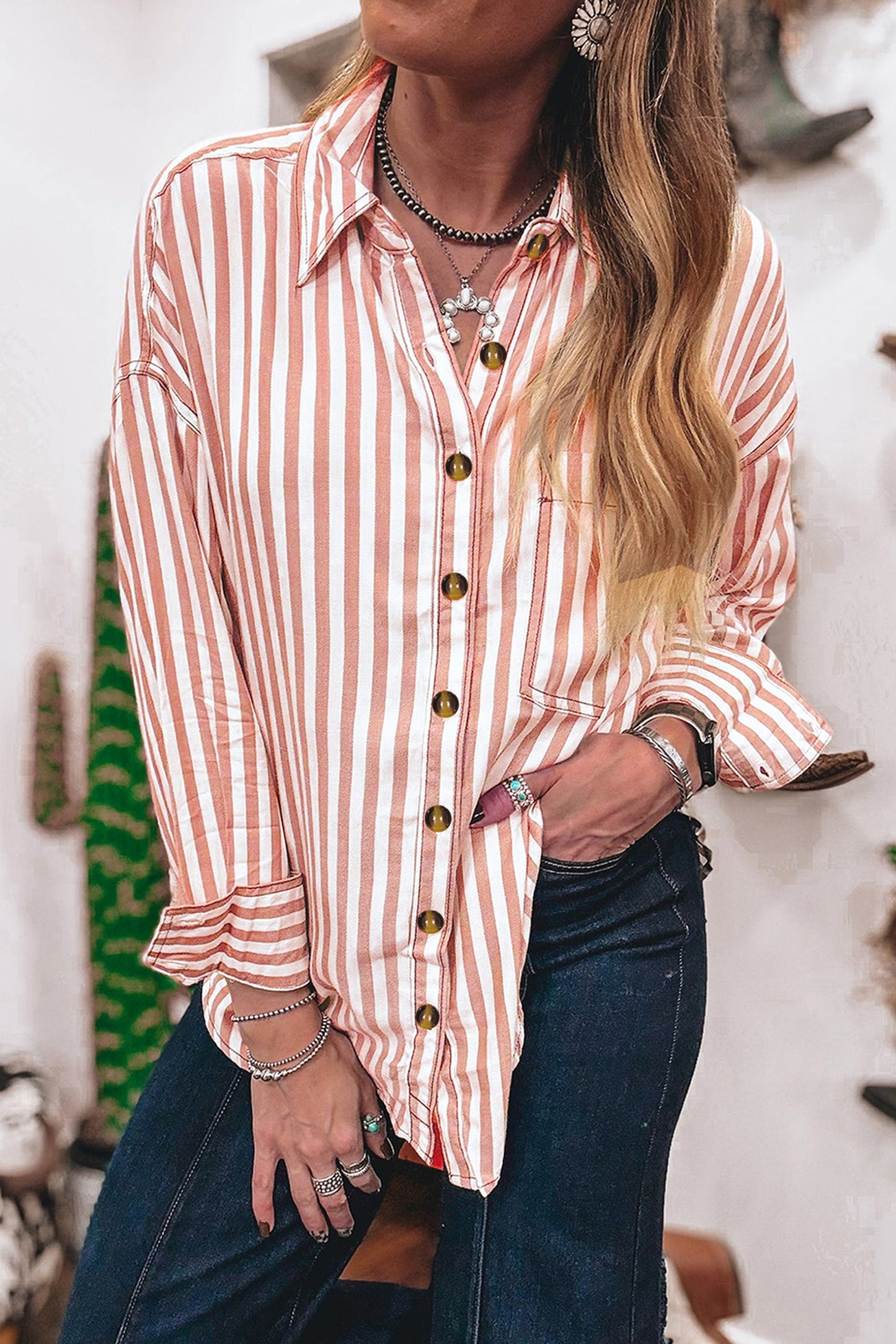 Western Stripe Button Down Long Sleeve Shirt