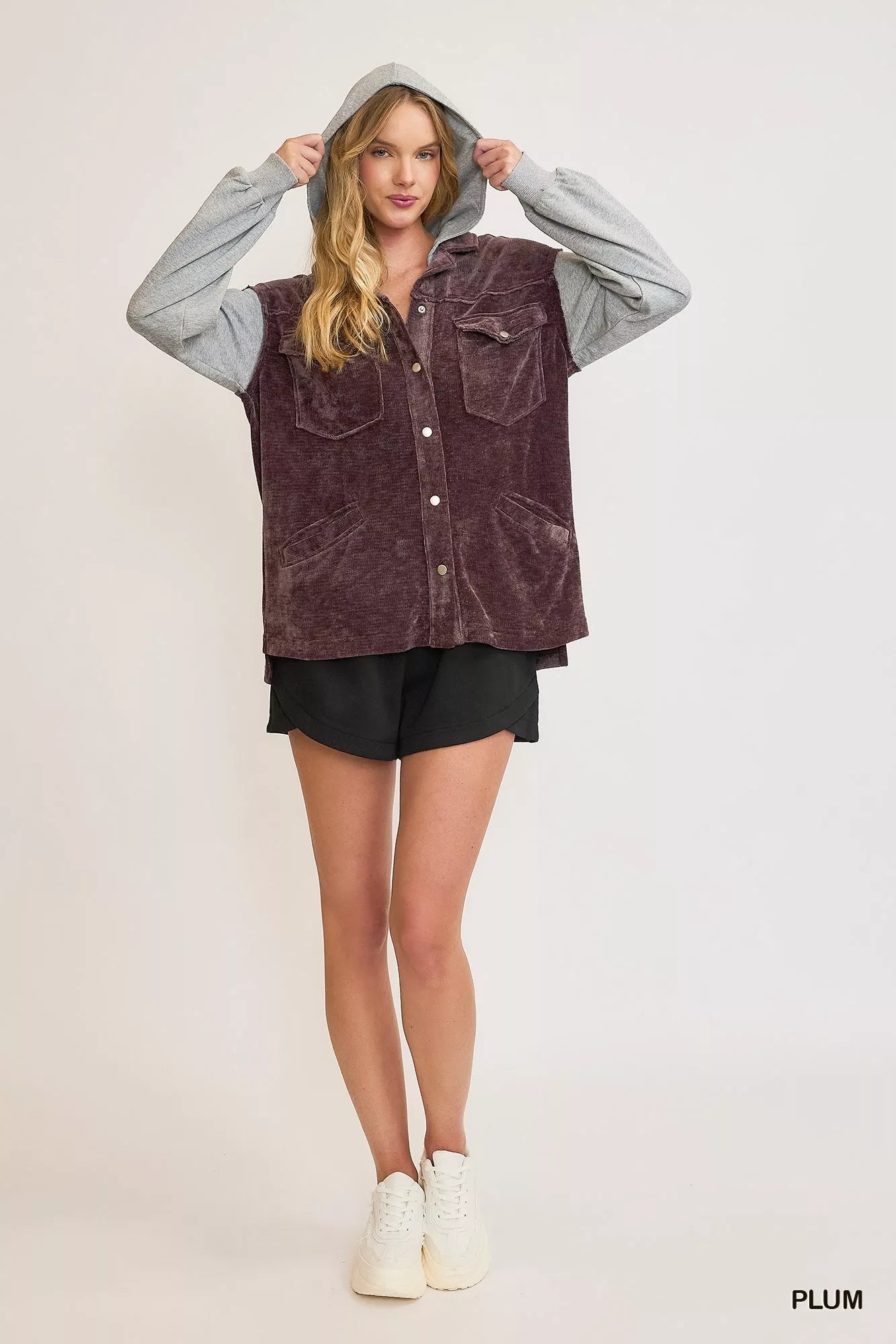 Umgee Contrast Hooded Chenille Jacket