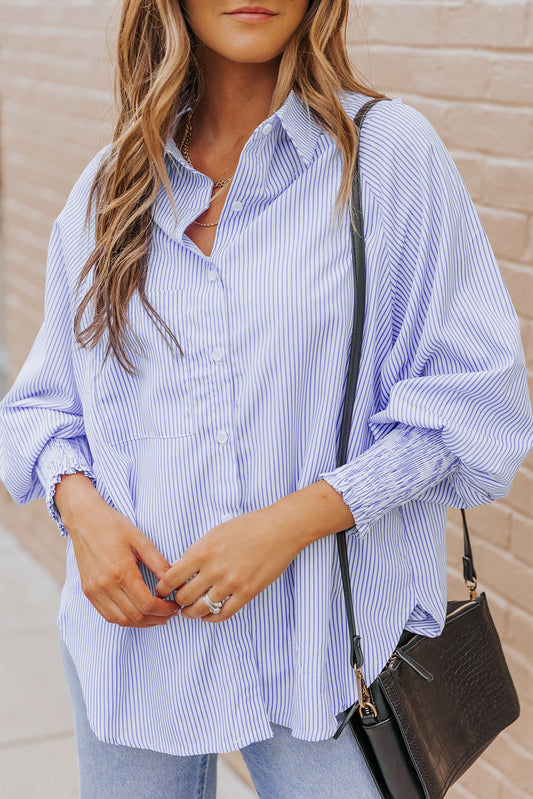 Stripe Smocked Cuff Buttoned Shirt