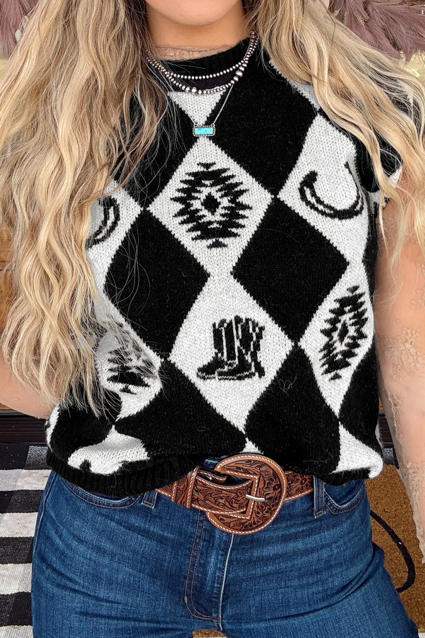 Western Retro Rhombus Short Sleeve Knit Top
