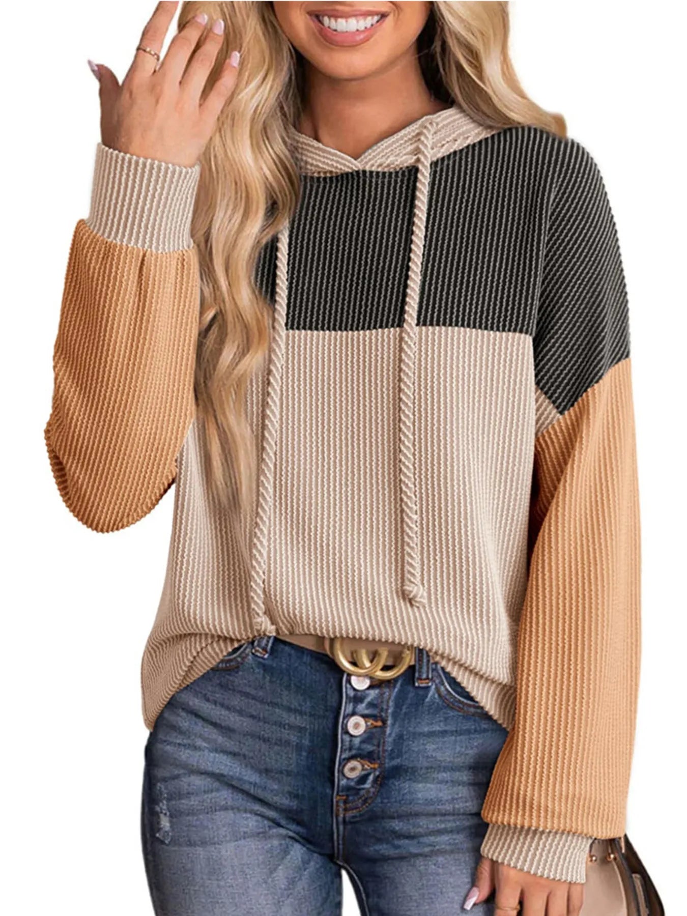 Women Drawstring Color Block Long Sleeve Hoodie