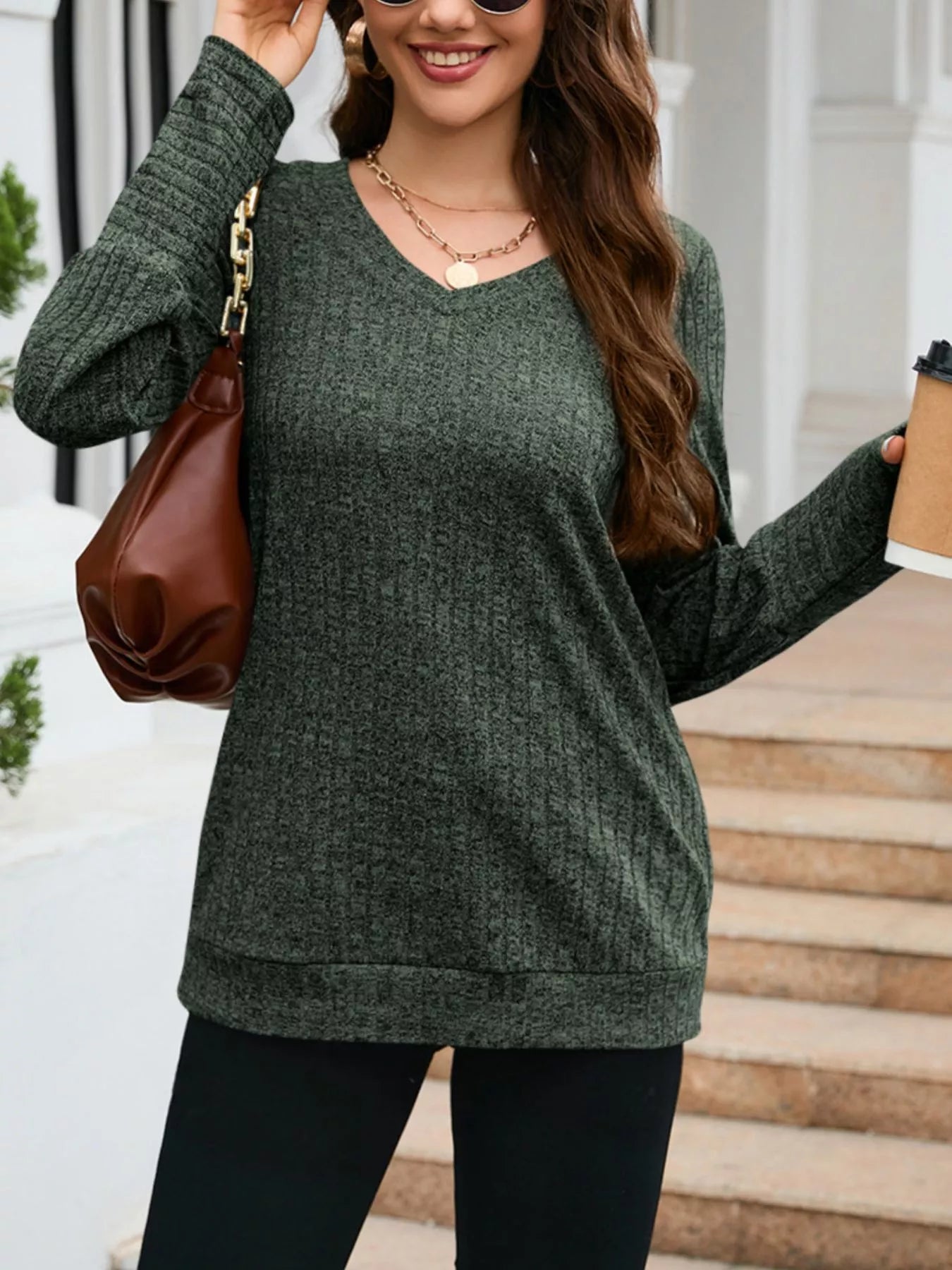 V-Neck Textured Knit Long Sleeve T-Shirt