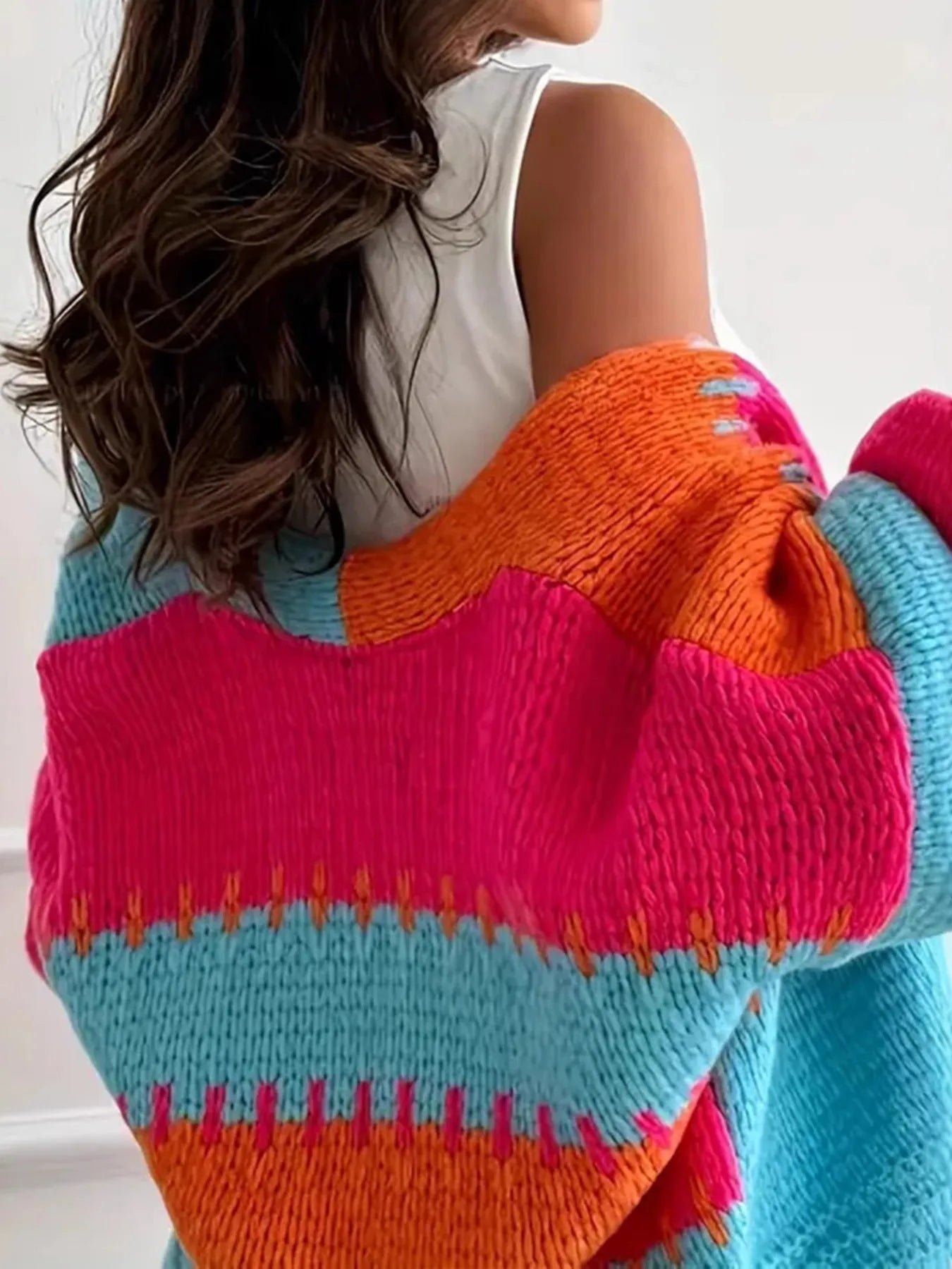 Women Color Block Drop Shoulder Cardigan