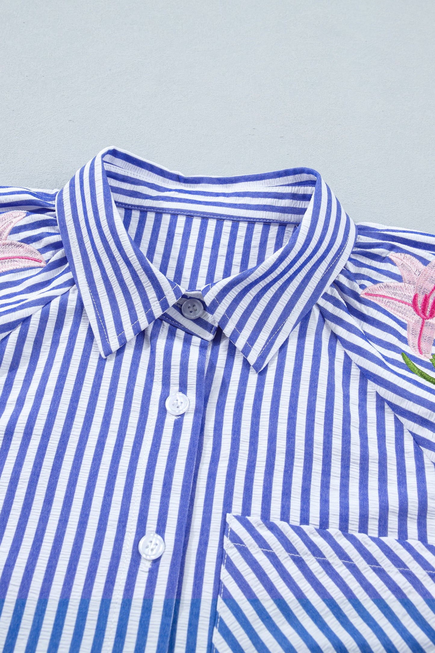 Stripe Floral Lily Embroidered Puff Sleeve Shirt