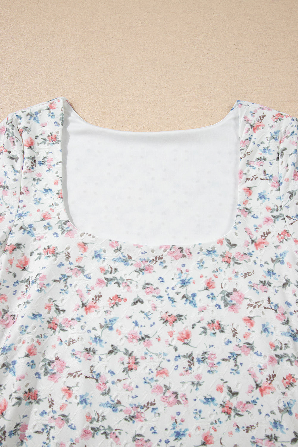 Floral Textured Square Neck Slim Fit Long Sleeve Top