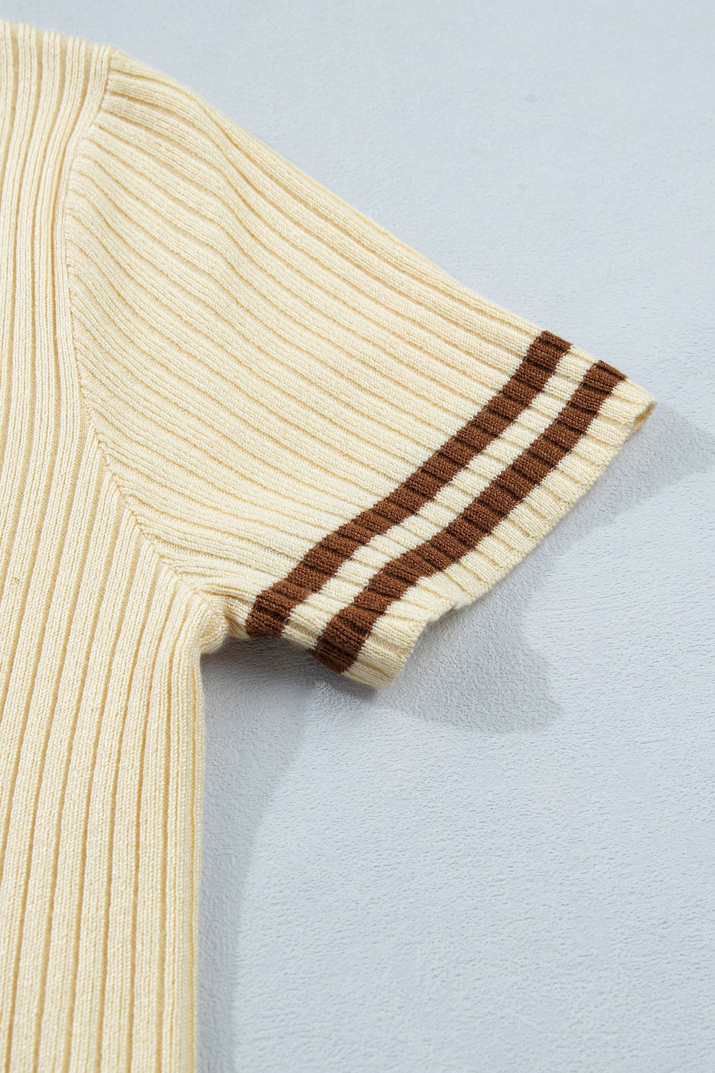 Stripe Contrast Short Sleeve Ribbed V-Neck Sweater