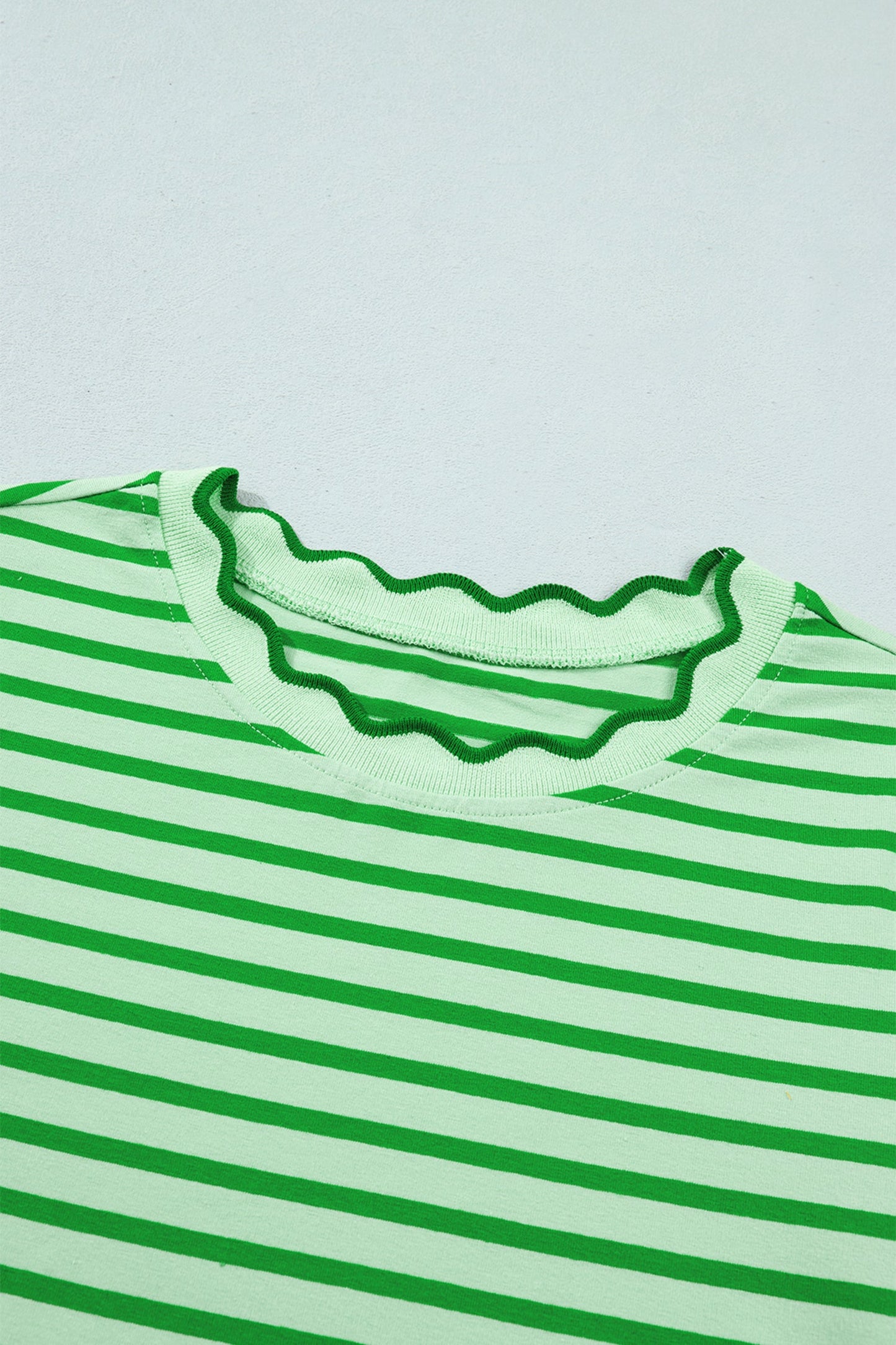 Stripe Scallop Trim Round Neck T-Shirt