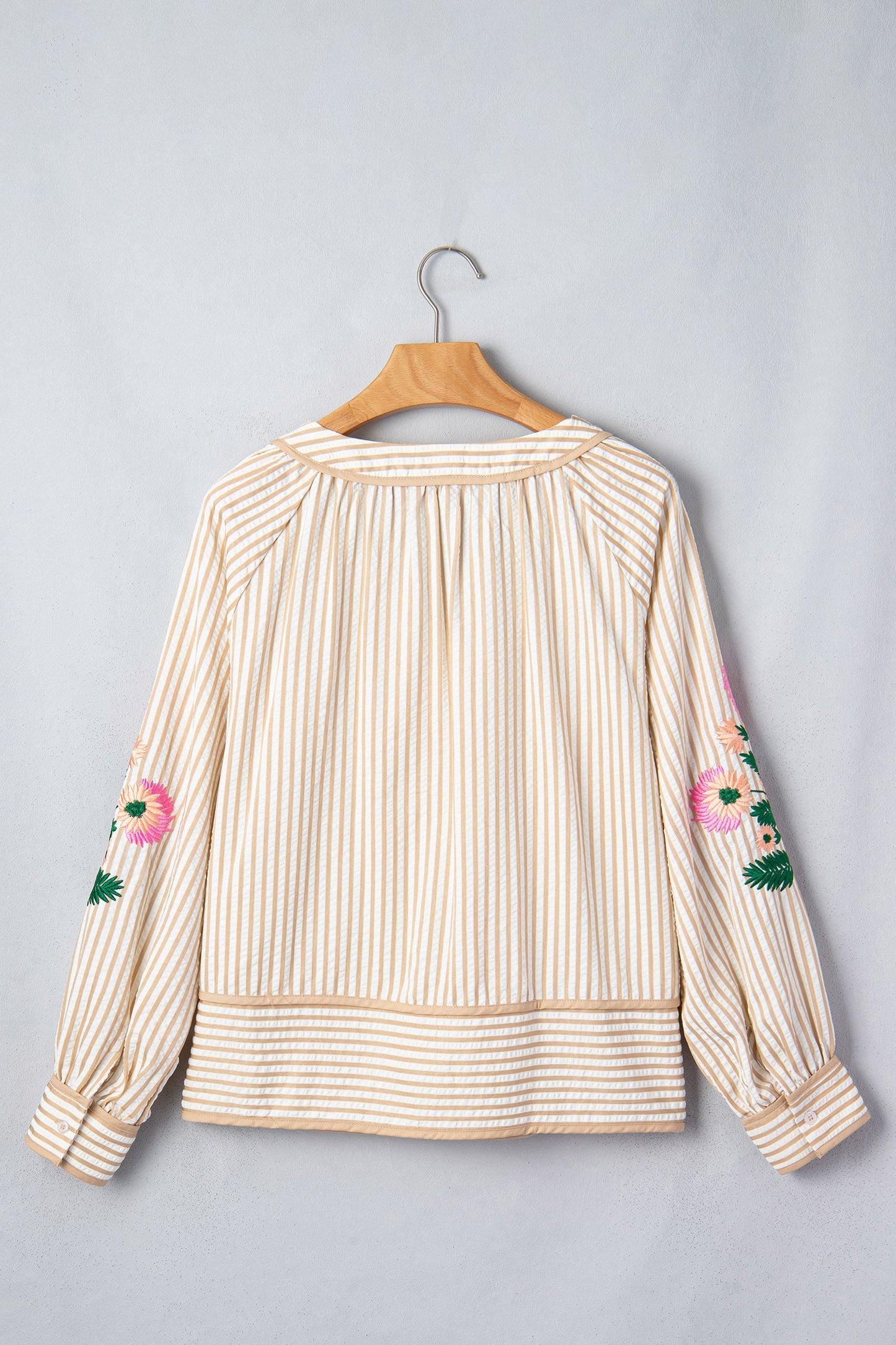 Floral Embroidered Stripe V-Neck Long Sleeve Blouse