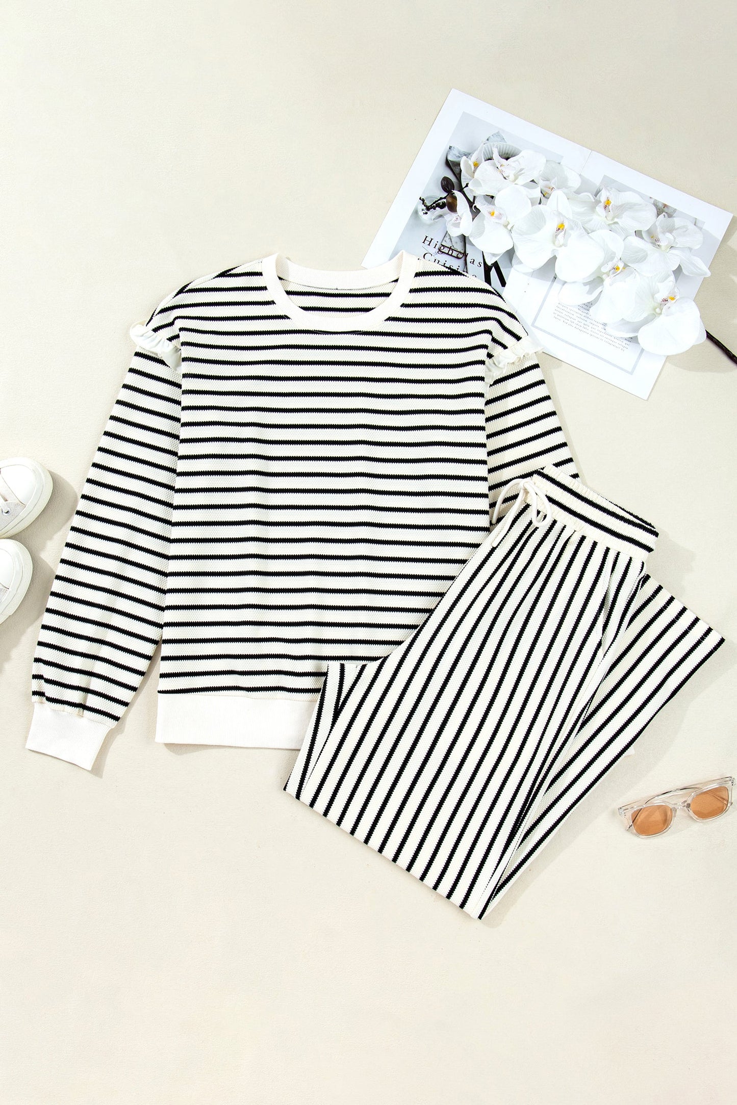 Ruffle Trim Drop Shoulder and Loose Pants Set
