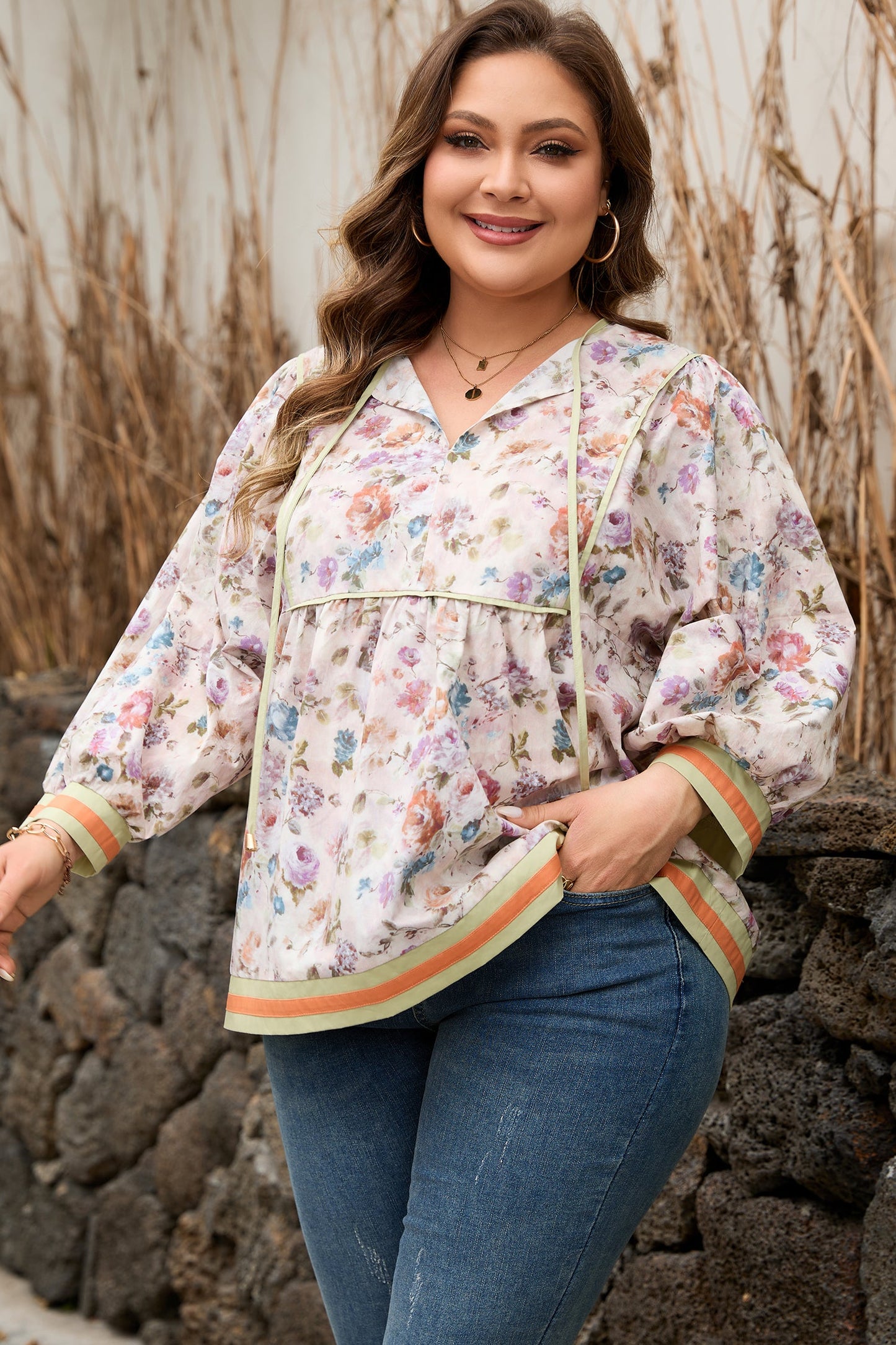 Plus Size Floral Stripe Contrast Trim Babydoll Blouse